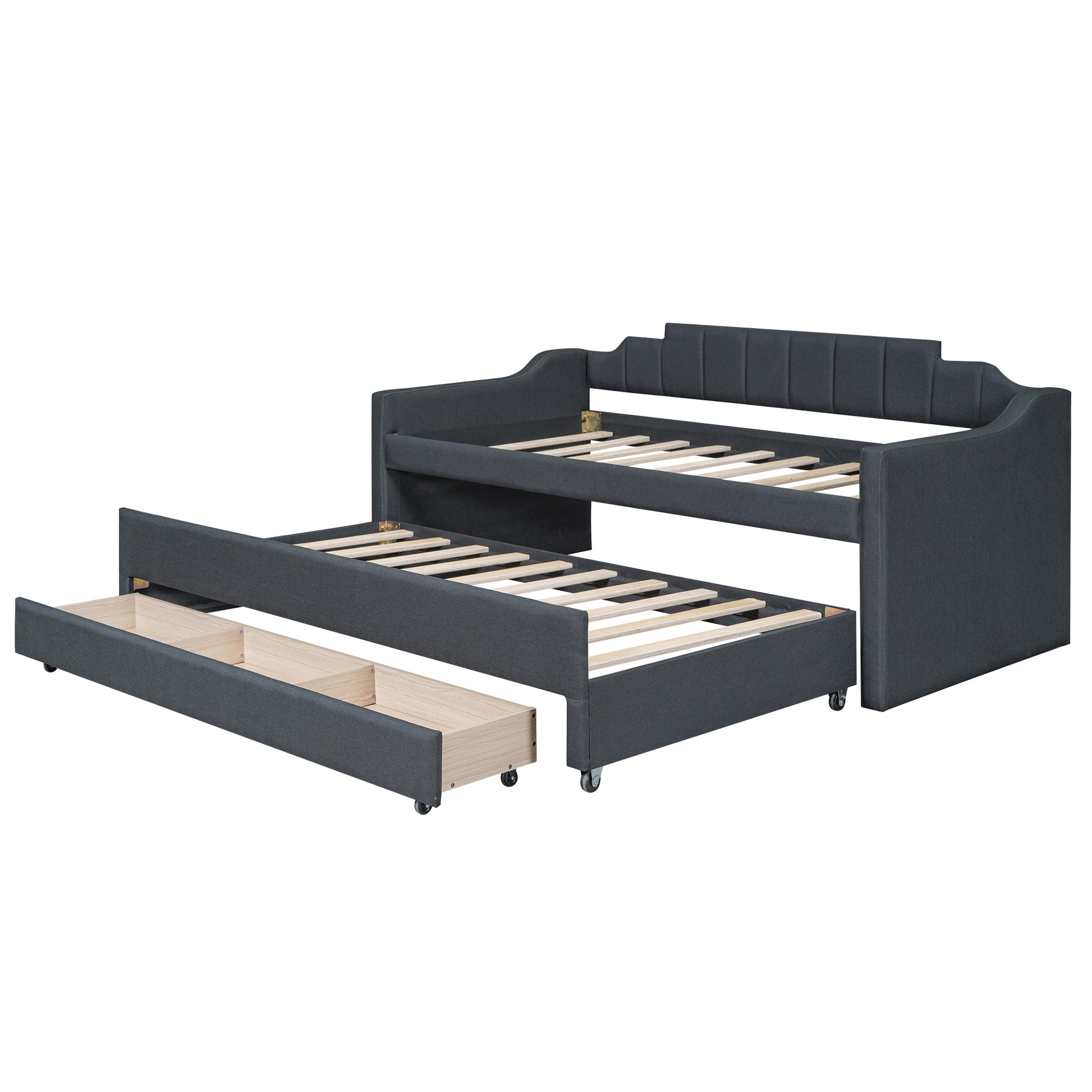 Twin Size Upholstered Daybed with Trundle and Three Drawers,Grey - Abrihome