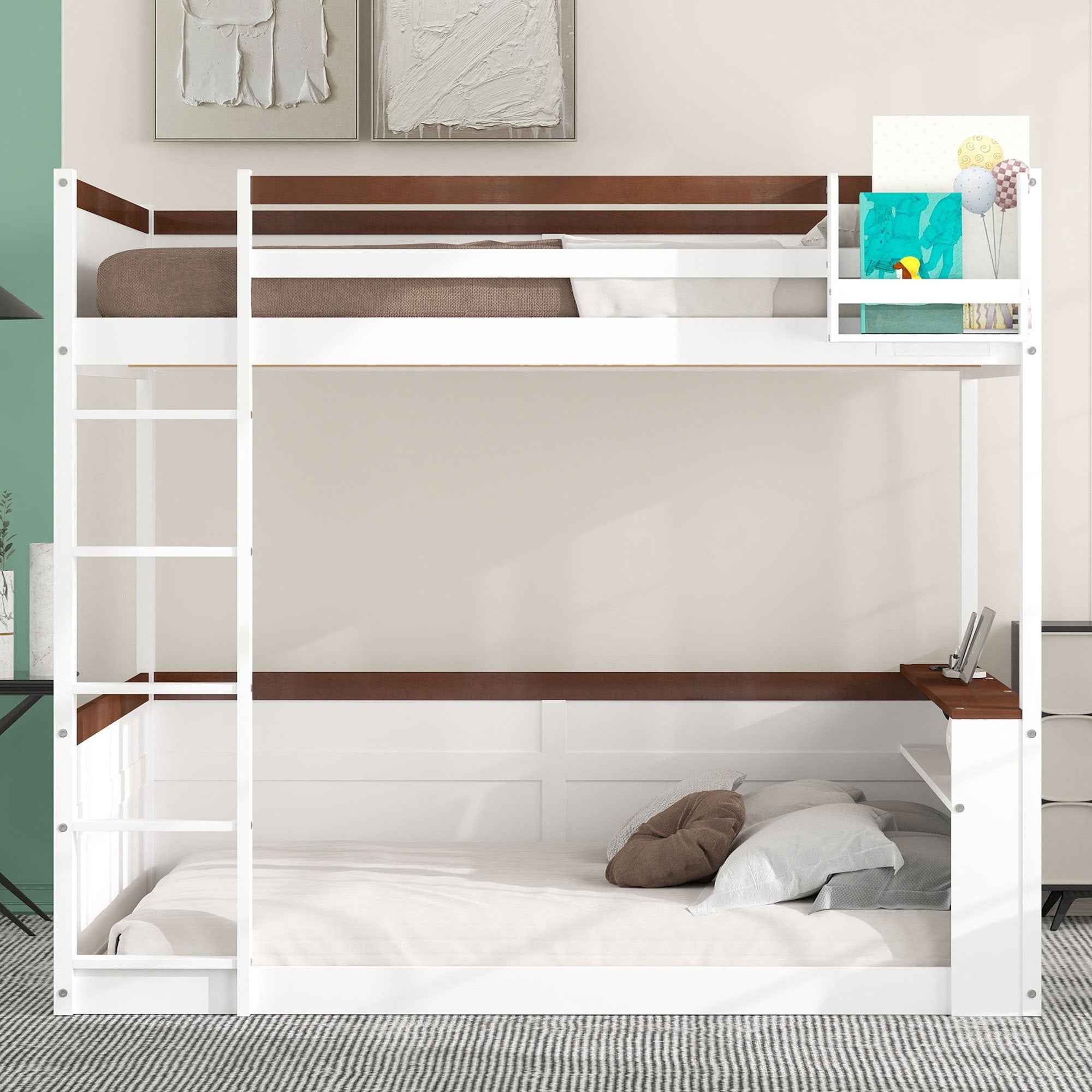 White Queen Size Wooden Bunk Bed with Built-in Shelves, Storage Box, LED Light, and USB Charging Station - Pine Wood + MDF