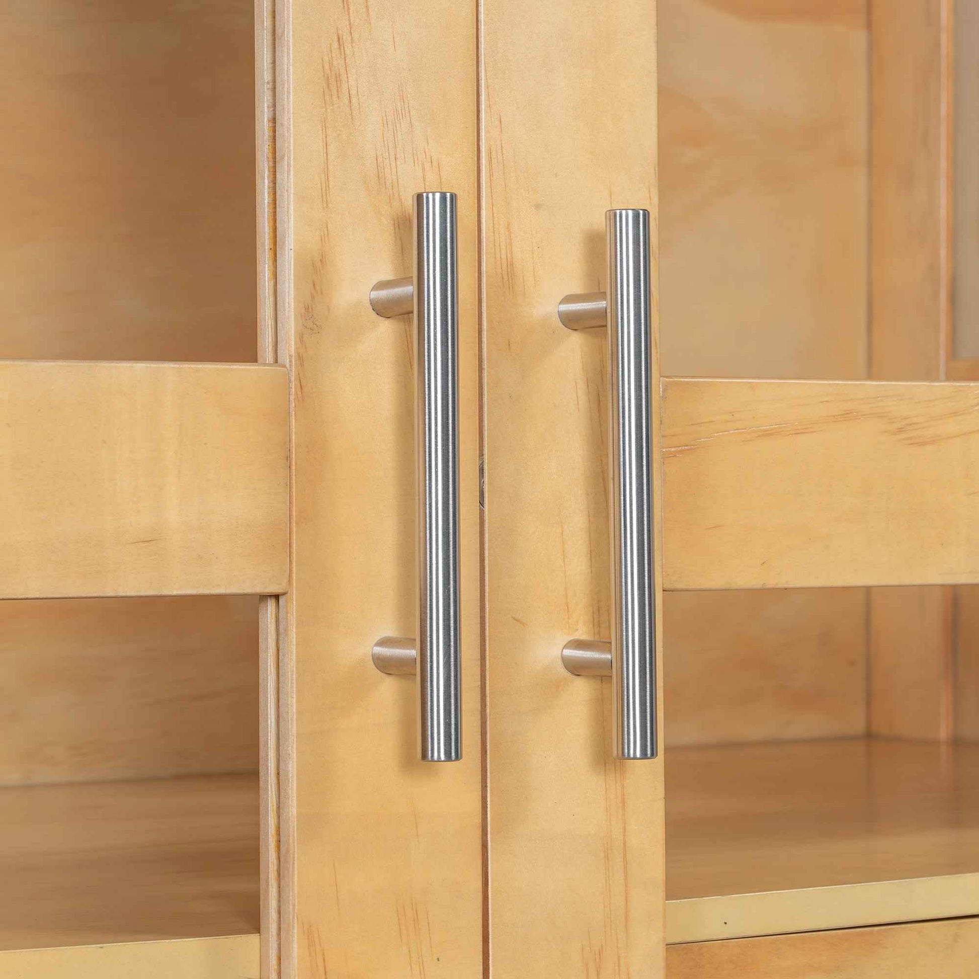 TOPMAX 44.7x20x75inch Kitchen Pantry, Freestanding Kitchen Storage Cabinet Display Cabinet with Glass Doors and 4 Built-in Drawers for Living Room, Home Office, Natural