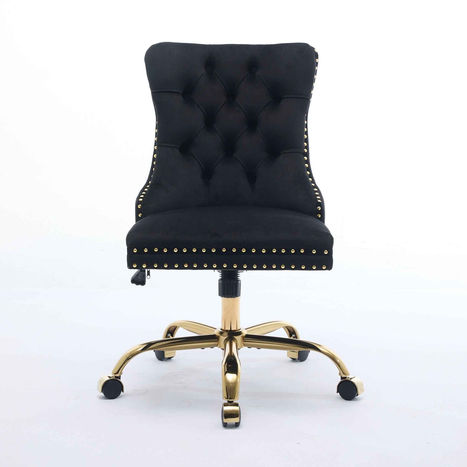 A&A Furniture Office Chair,Modern Velvet Upholstered Tufted Button Home Office Chair with Golden Metal Base,Adjustable Desk Chair Swivel Office Chair (Black)