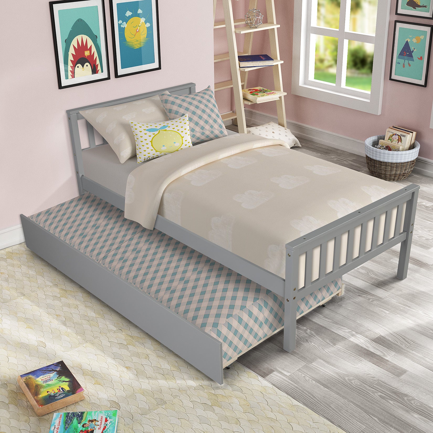 Twin Bed with Trundle, Platform Bed Frame with Headboard and Footboard, for Bedroom Small Living Space,No Box Spring Needed,Grey(New SKU:W504P148530) - Abrihome