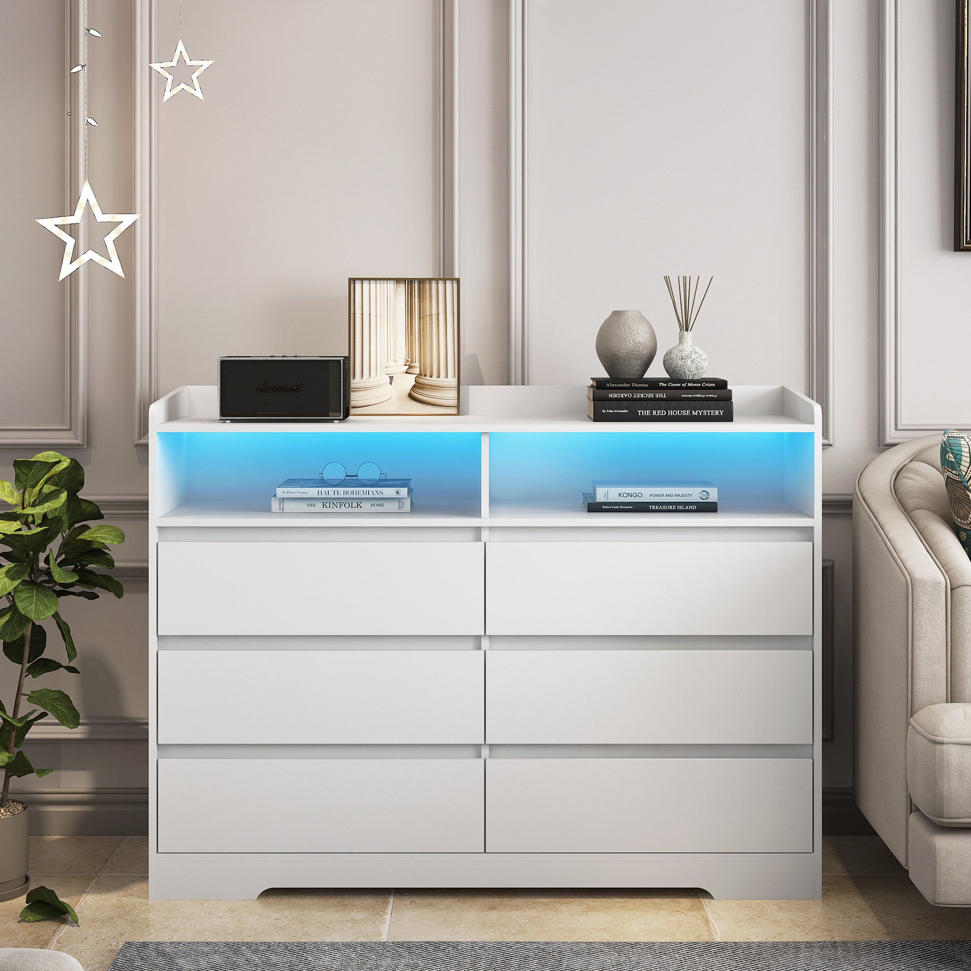 6 Drawer Dresser, White Dresser for Bedroom with LED Lights, Modern Dressers & Chests of Drawers with Sturdy Frame for Living Room, Entryway, Hallway - Abrihome
