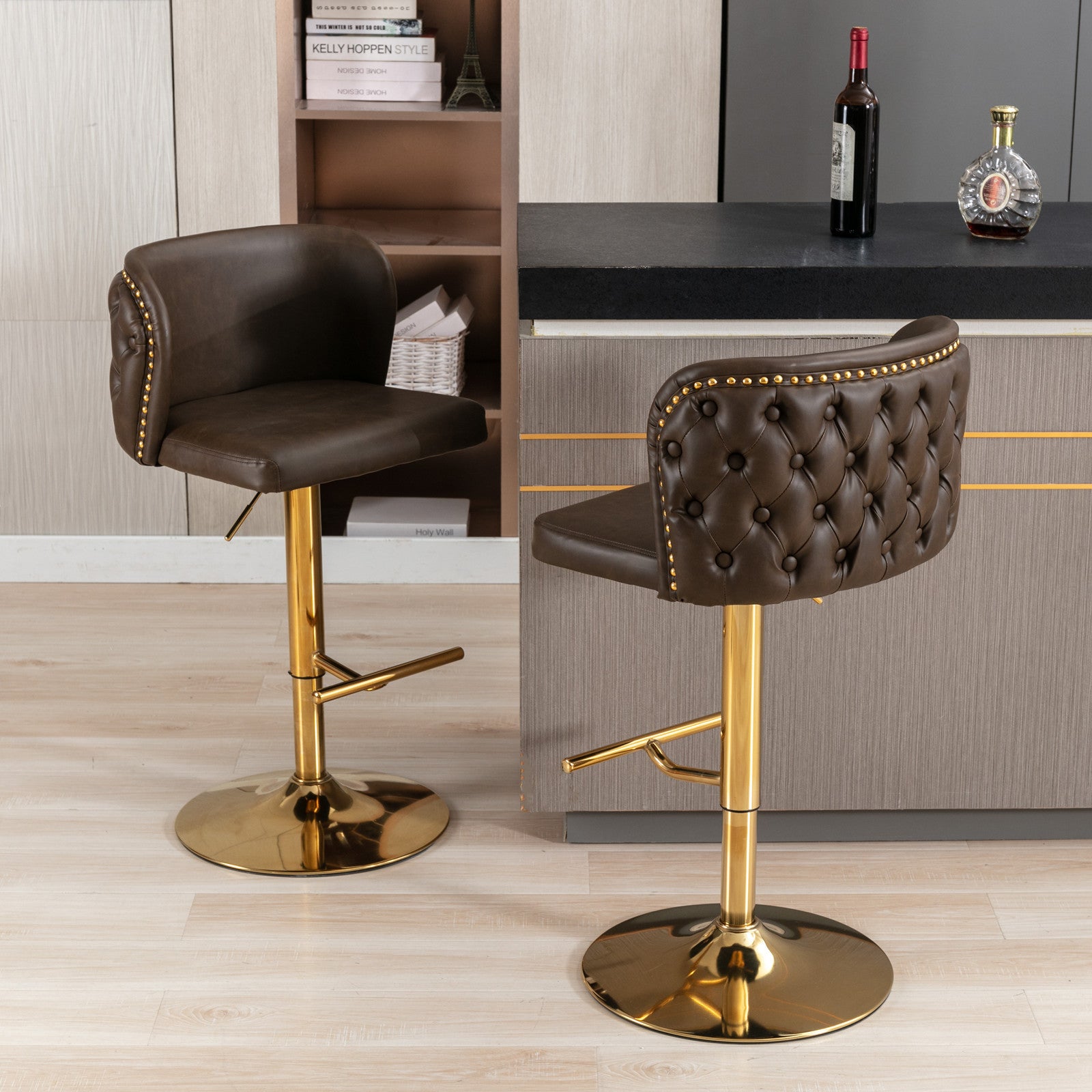 A&A Furniture,Swivel Barstools Adjusatble Seat Height, Modern PU Upholstered Bar Stools with  the whole Back Tufted, for Home Pub and Kitchen Island（Brown, Set of 2）