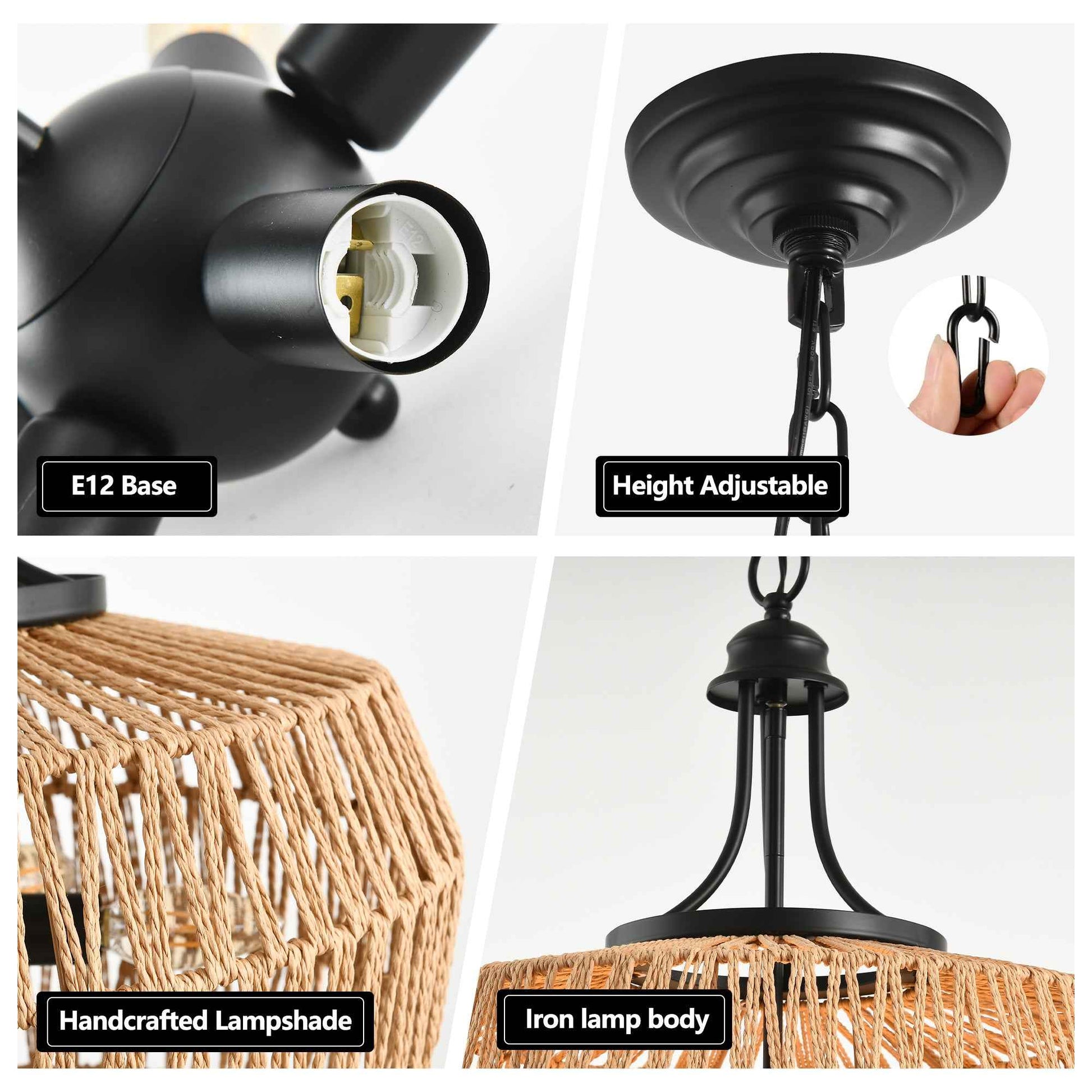 19' Boho Hemp Rope Pendant Light, Hand-Woven Jute Hanging Lamp with Adjustable Chain, Natural Rope Shade Ceiling Light Fixture for Kitchen Island, Dining Room, or Entryway (Bulb Not Included)