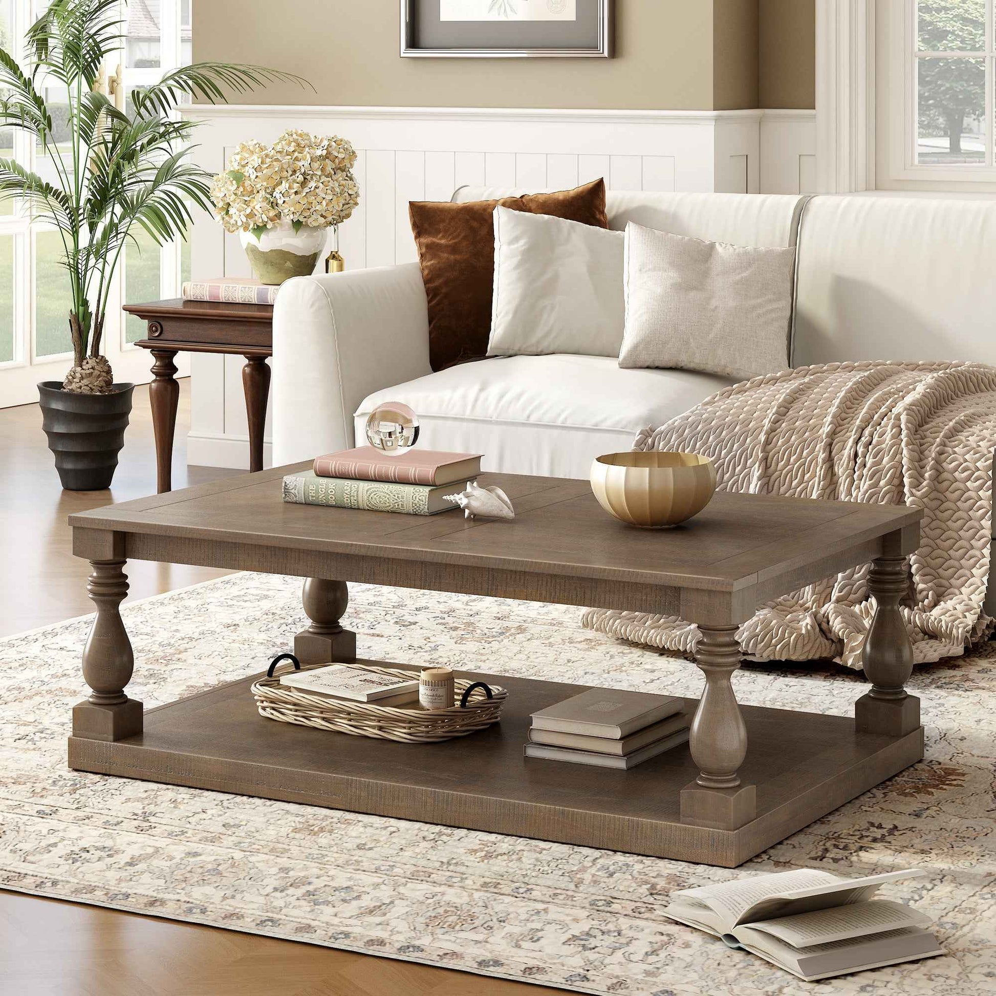 U_STYLE Vintage Coffee Table Featuring Artistic Vase Column Legs and Luxurious Pine Veneer for Timeless Charm,Suitable for living room, study room