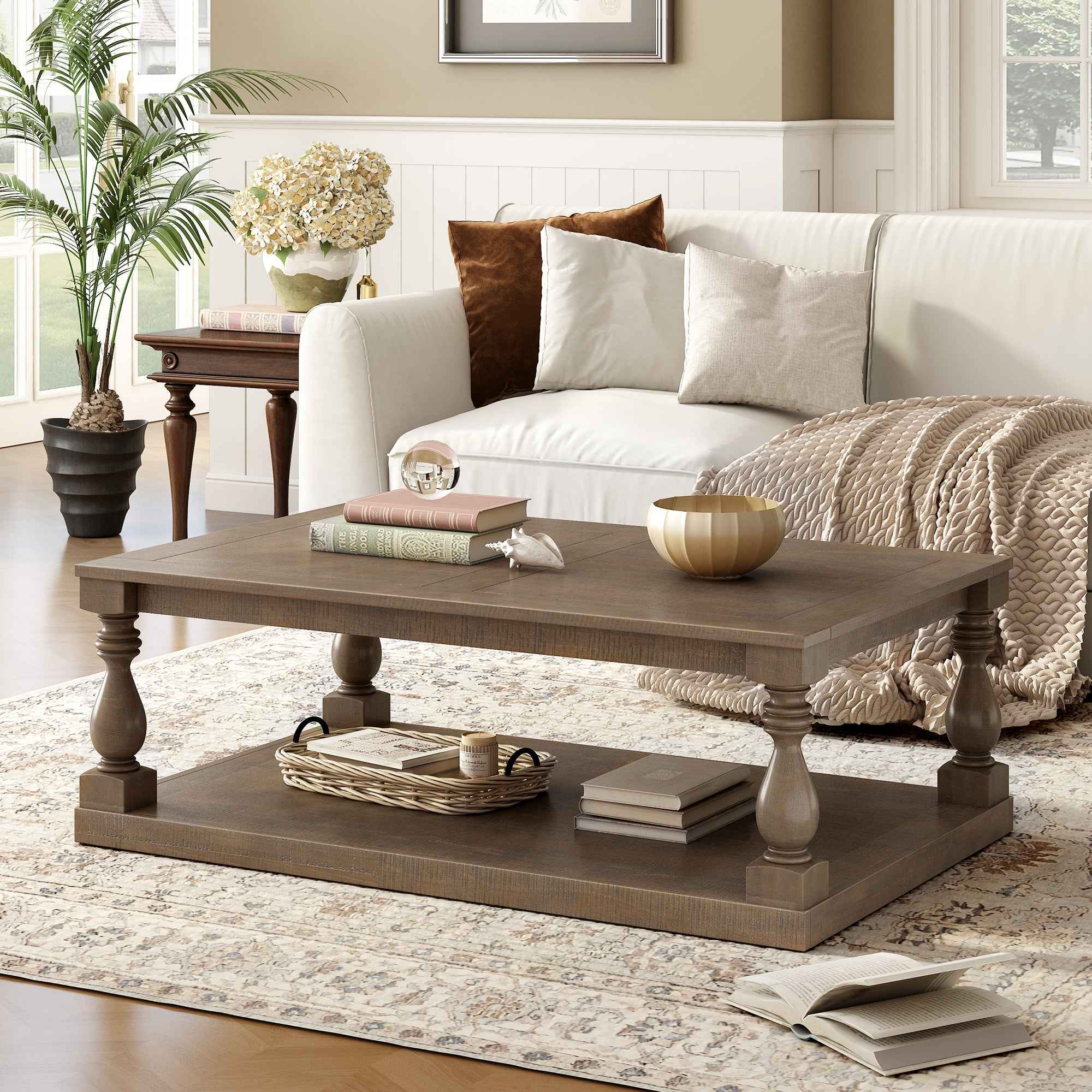 U_STYLE Vintage Coffee Table Featuring Artistic Vase Column Legs and Luxurious Pine Veneer for Timeless Charm,Suitable for living room, study room