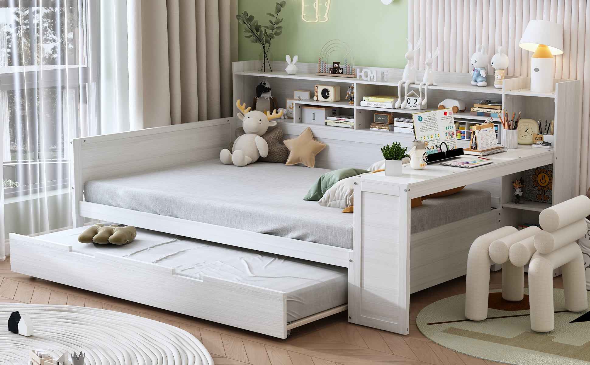 Wooden Full Size Daybed with Storage Shelves, Multi-functional Bed with Twin Size Trundle Bed and  Study Desk, Antique White