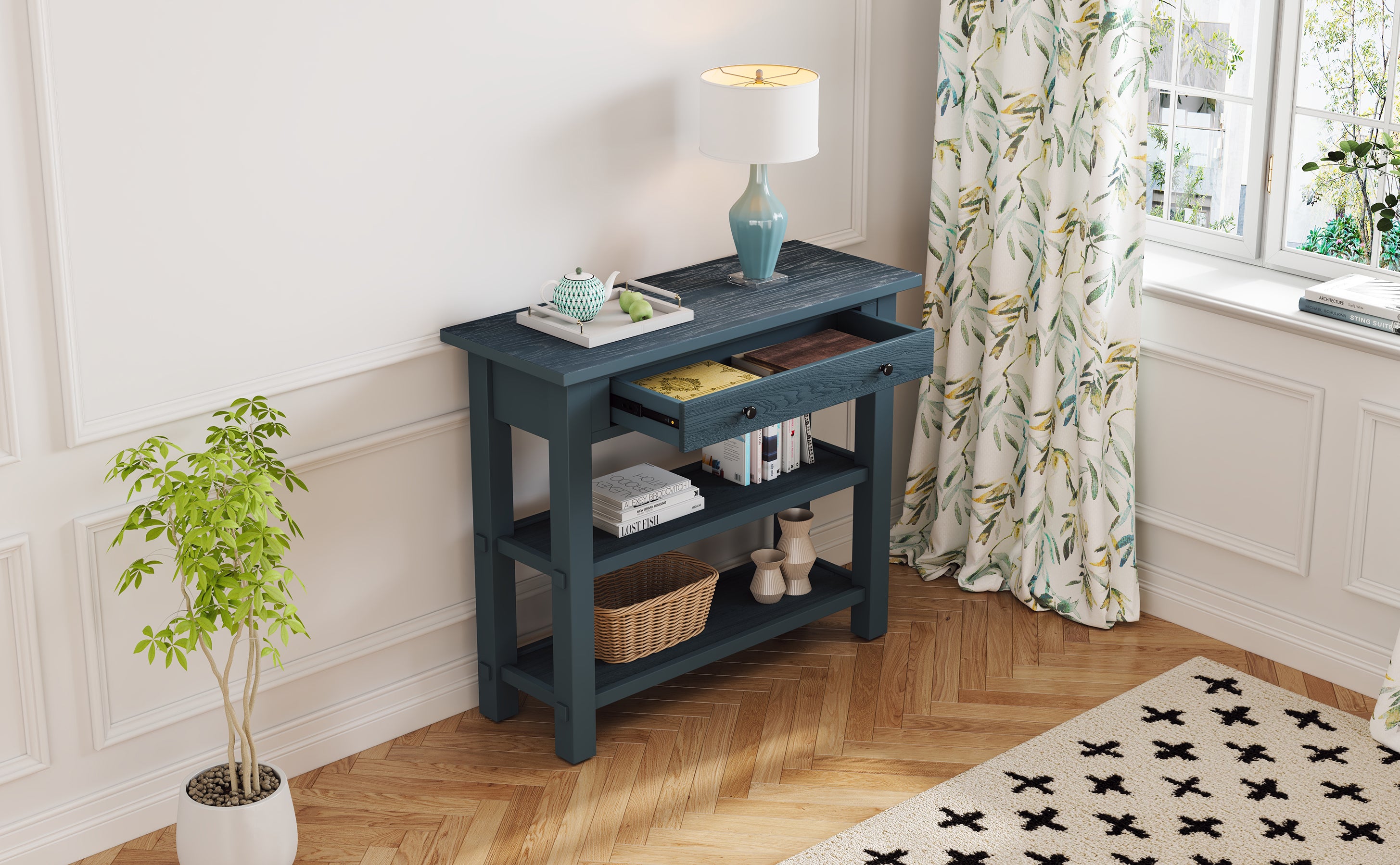 TREXM Retro Console Table with Drawer and Two Sturdy Shelves for Entryway, Living Room (Navy)