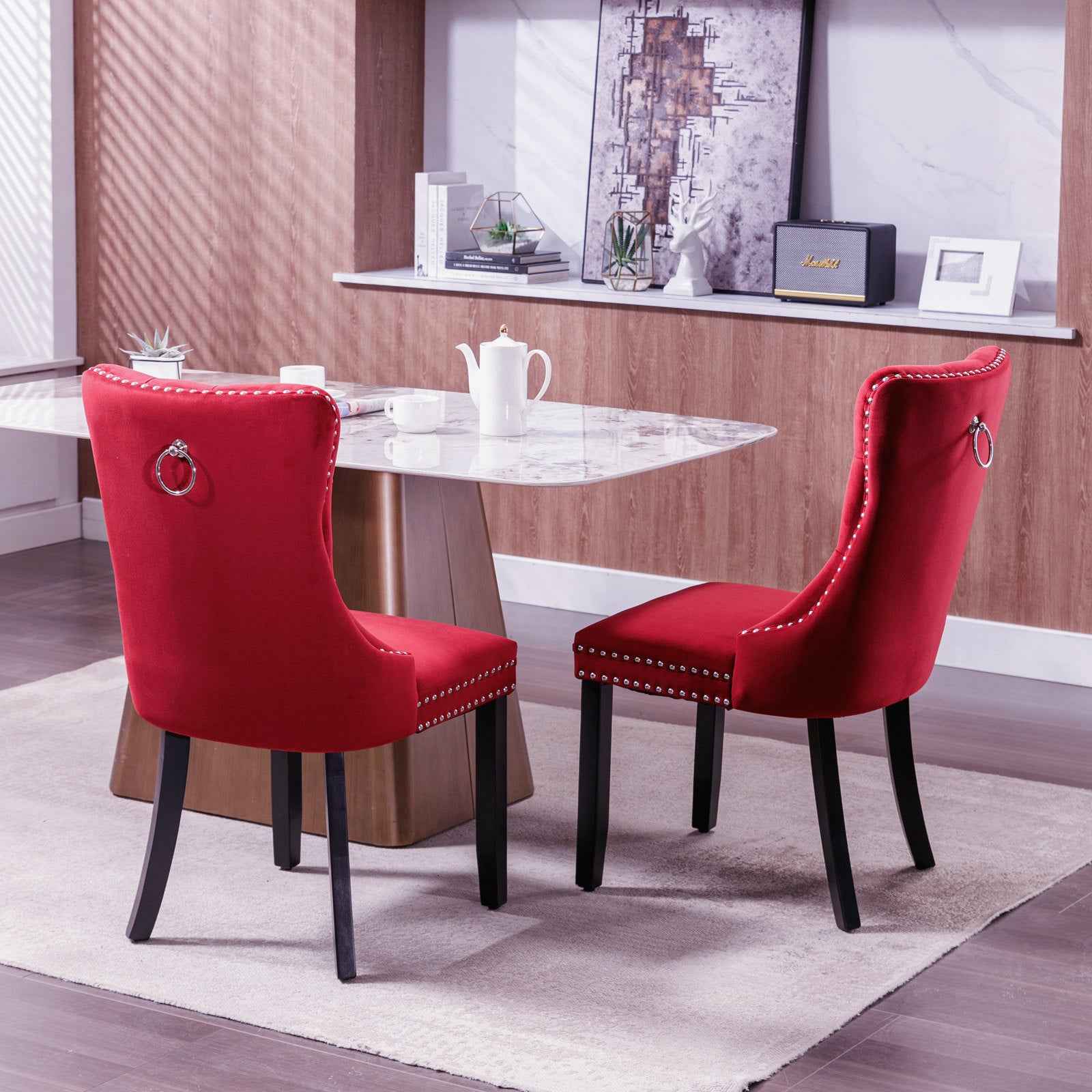 Classic Velvet Dining Chairs,  High-end Tufted Solid Wood Contemporary Velvet Upholstered Dining Chair with Wood Legs Nailhead, SET OF 2,Burgundy, Wine Red,SW2001WR
