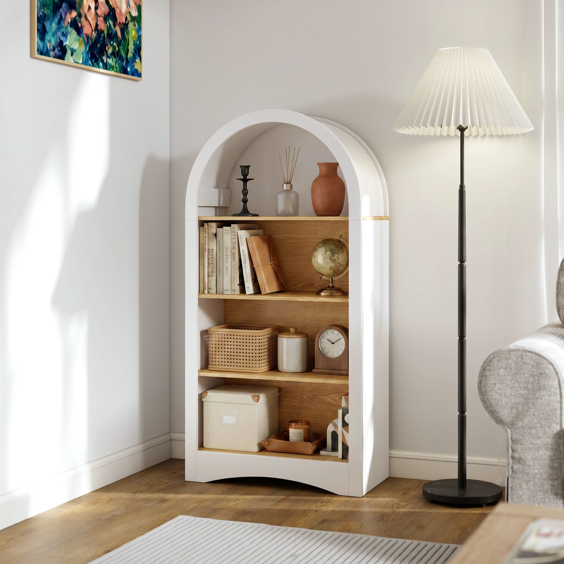 47' Freestanding Display Rack with Woodgrain Shelves, Arched Multifunctional Storage Cabinet, 4-Tier Open Shelf, Small Space Accent Bookcase for Living Room, Bedroom, Entryway,WHITE