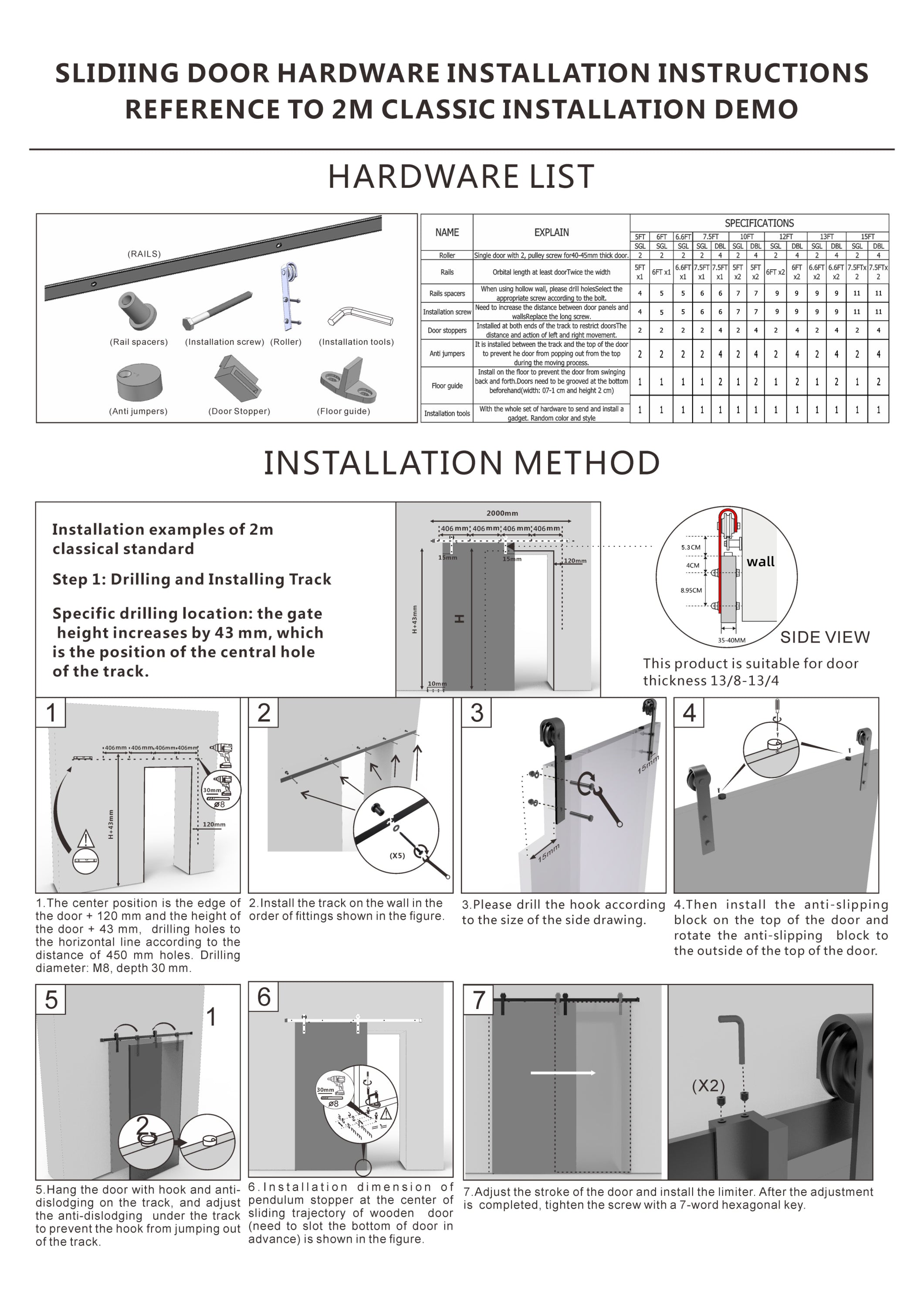 CRAZY ELF 6.6FT Heavy Duty Sturdy Sliding Barn Door Hardware + Adjustable Floor Guide Wall Mount Roller + Pull Handle, J Shape Hangers, Smoothly and Quietly, Easy to Install, Fit 24"-36" Width Door.