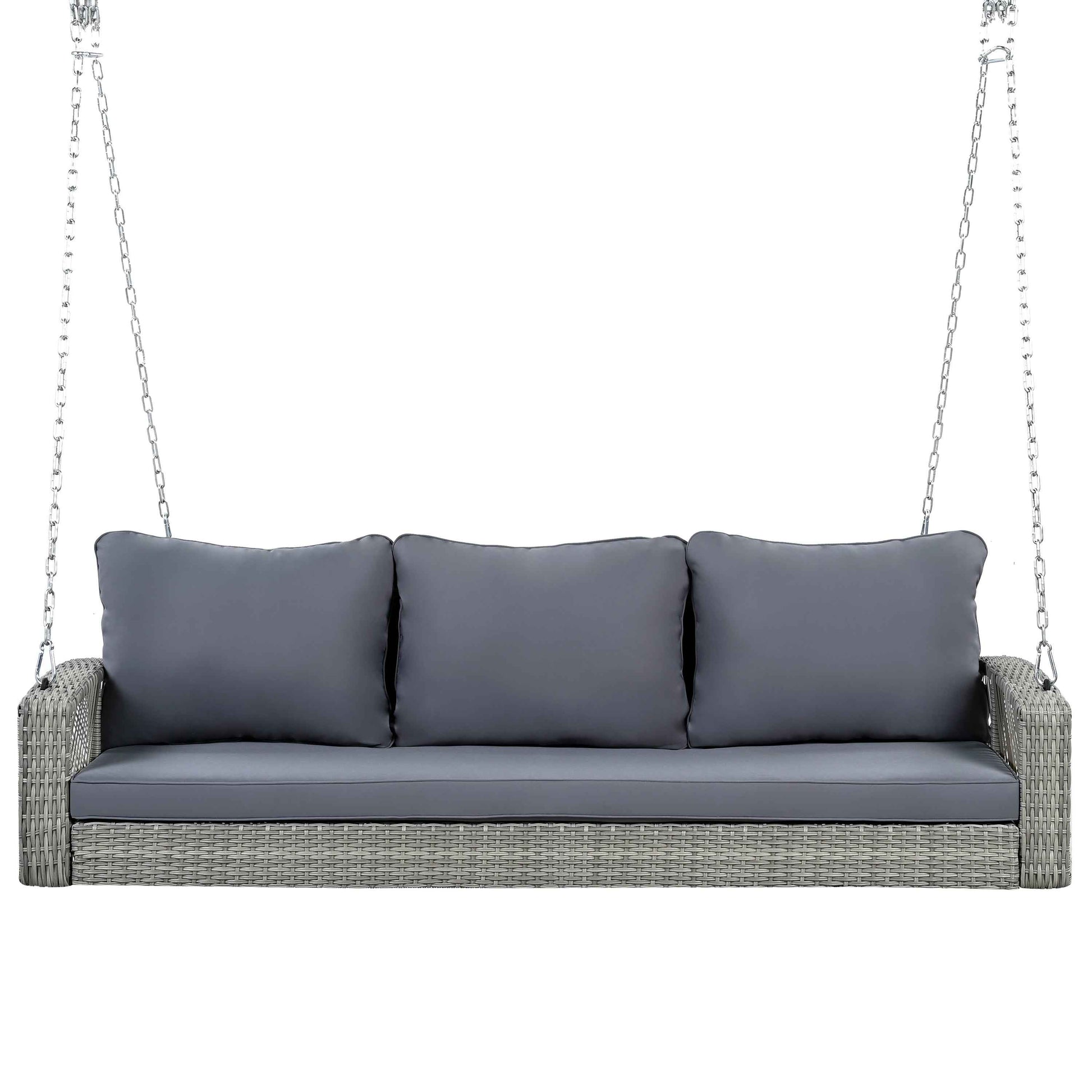 GO 69' PE Wicker 3-Person Porch Swing with Chains, Large Patio Swing Bench with Cushions for Backyard, Garden, and Poolside, Gray69'