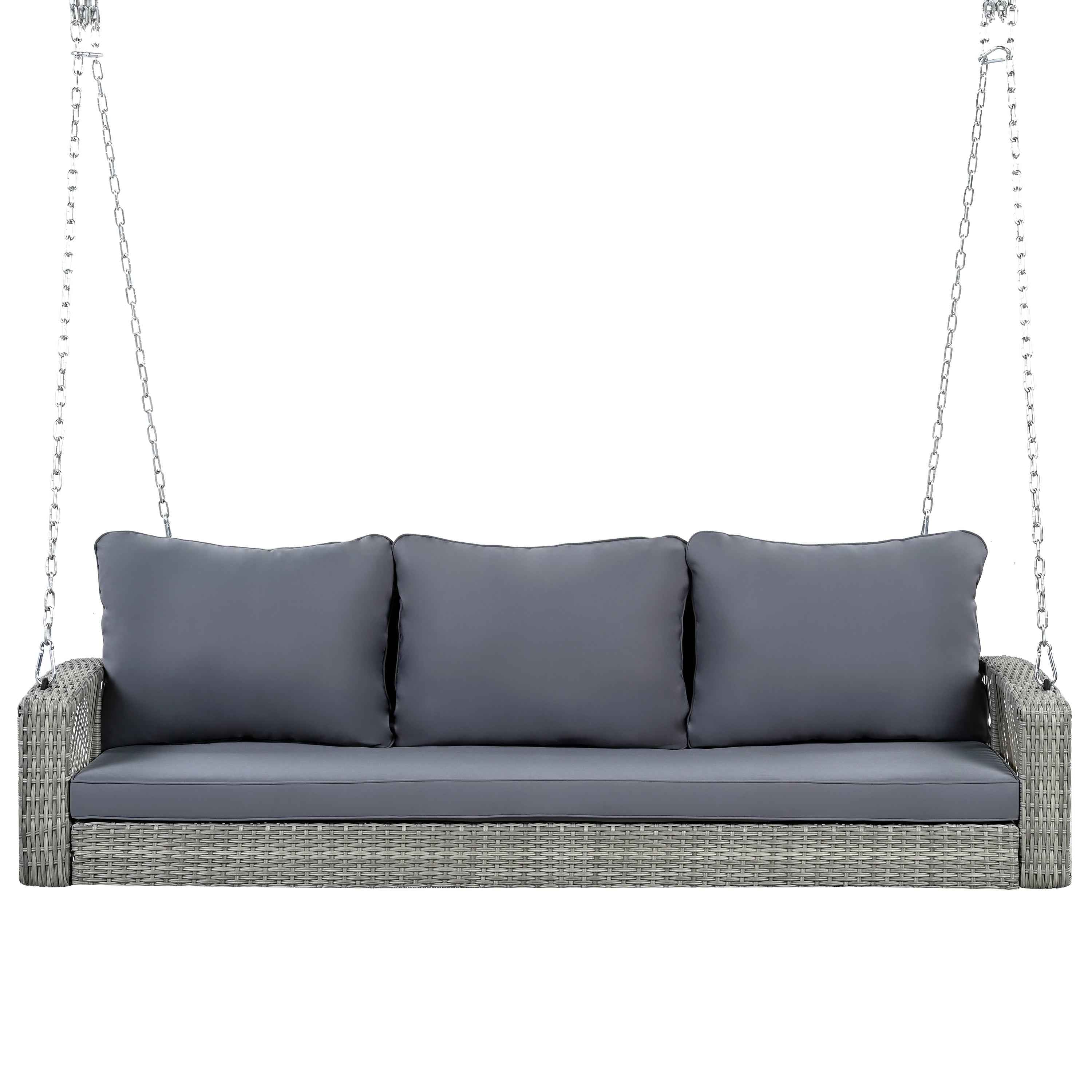 GO 69' PE Wicker 3-Person Porch Swing with Chains, Large Patio Swing Bench with Cushions for Backyard, Garden, and Poolside, Gray69'