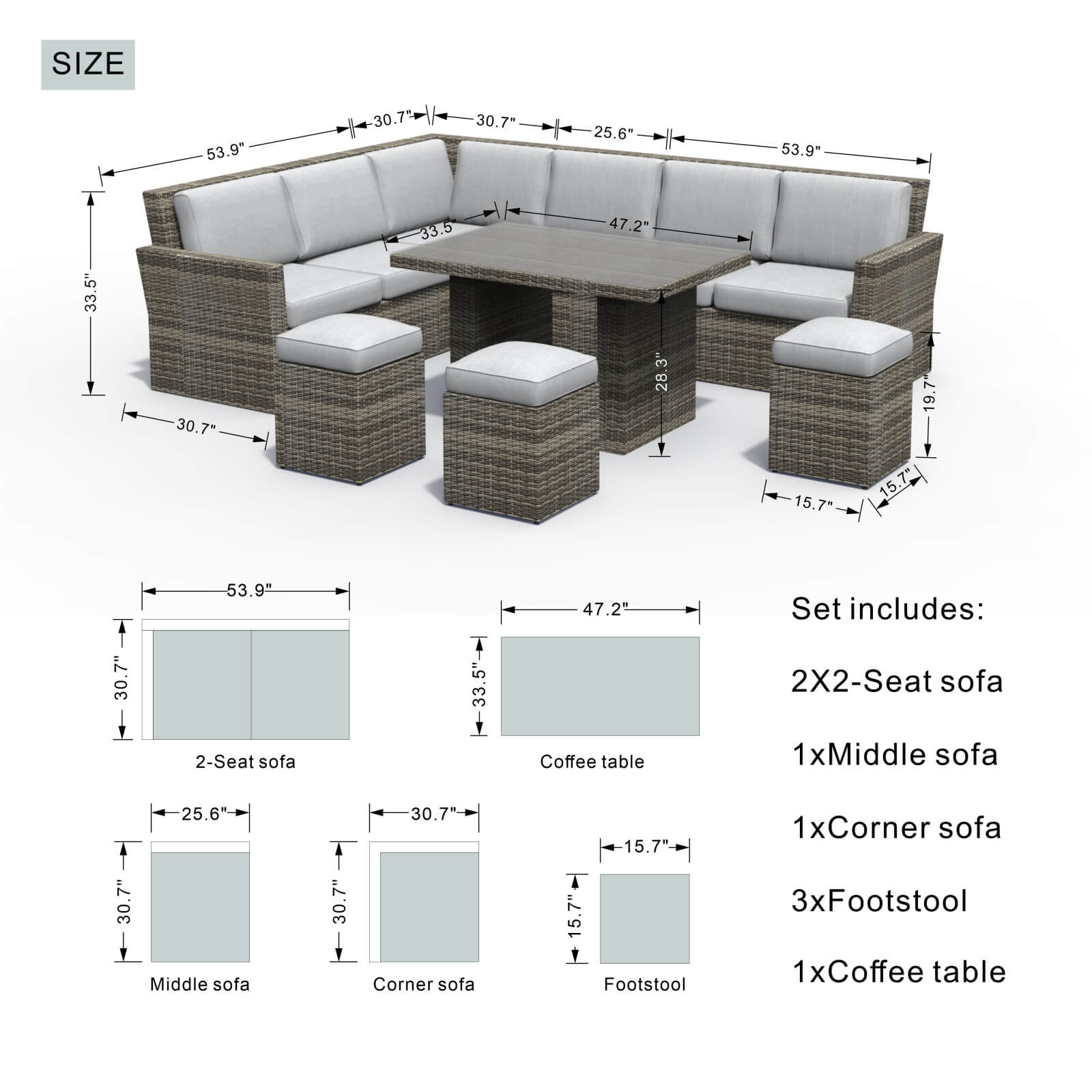 Outdoor Corner Sofa Set with Rectangular Dining Table and Ottoman(PAS-1403-SET) - Abrihome
