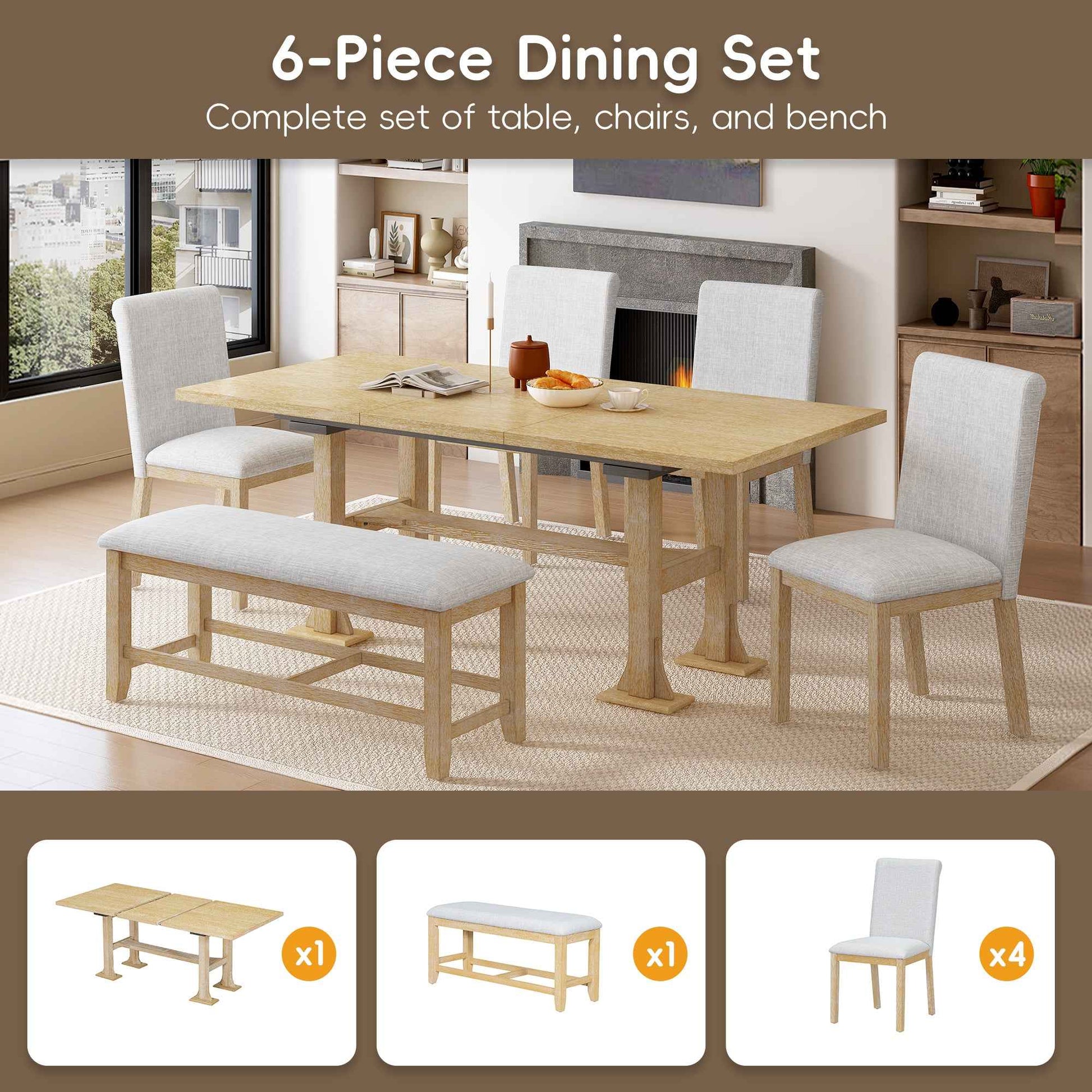 TOPMAX Farmhouse 76inch 6-Piece Extendable Dining Table Set Trestle Kitchen Table Set with 18inch Removable Leaf and Upholstered Dining Chair and Bench for Dining Room, Natural