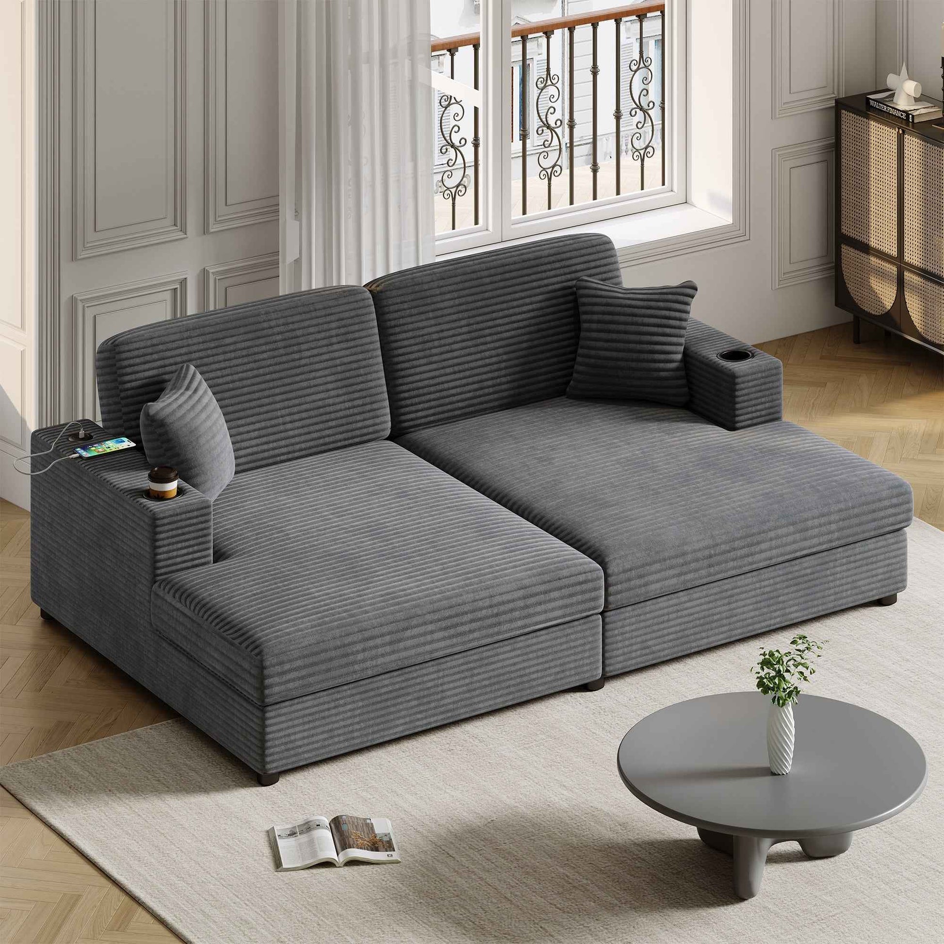 Oversized Loveseat Chaise Lounge Sectional Sofa Bed with USB Ports, Cup Holders, Throw Pillows, Dark Gray Corduroy, 86.5'