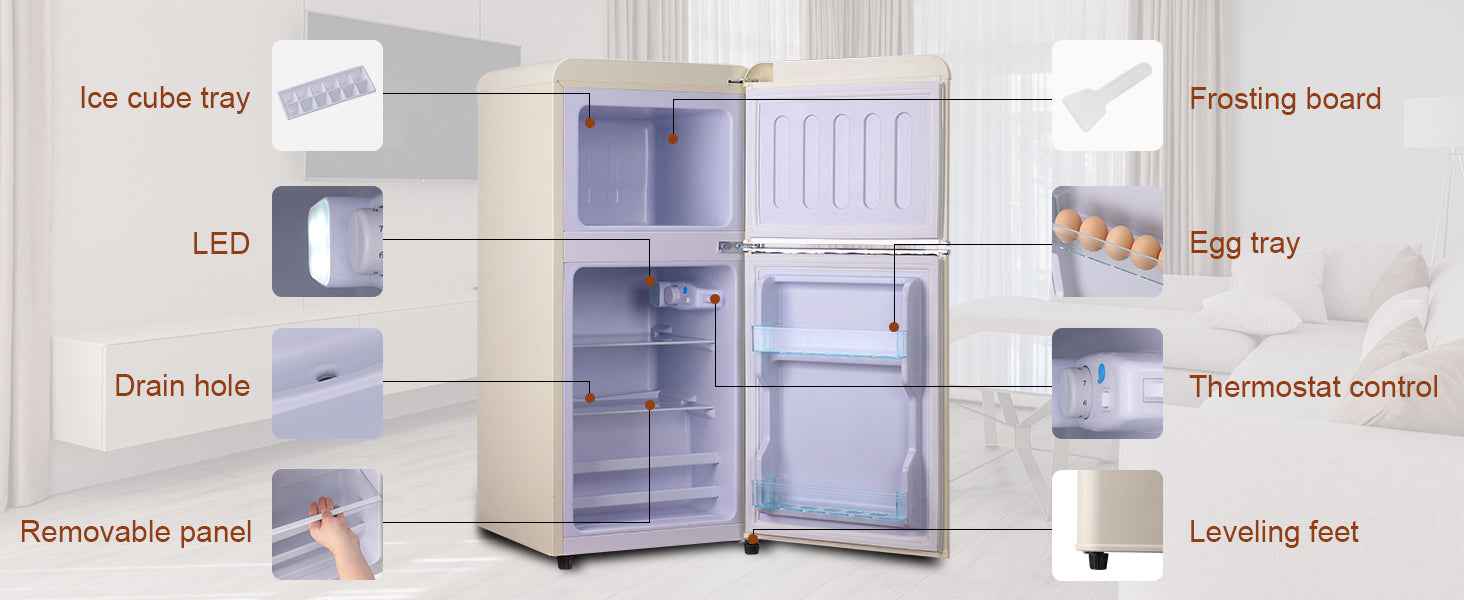 3.5Cu.Ft Compact Refrigerator Mini Fridge with Freezer, Small Refrigerator with 2 Door, 7 Level Thermostat Removable Shelves for Kitchen, Dorm, Apartment, Bar, Office, Cream