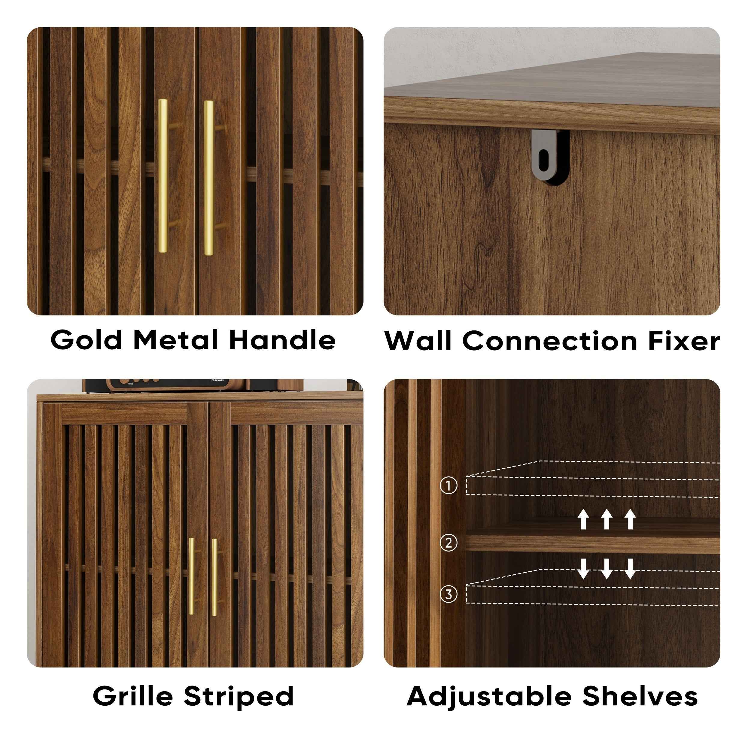 Farmhouse Walnut Sideboard Buffet Cabinet With Louvered Doors, Wood Coffee Bar Storage For Kitchen & Living Room, 31.5' W