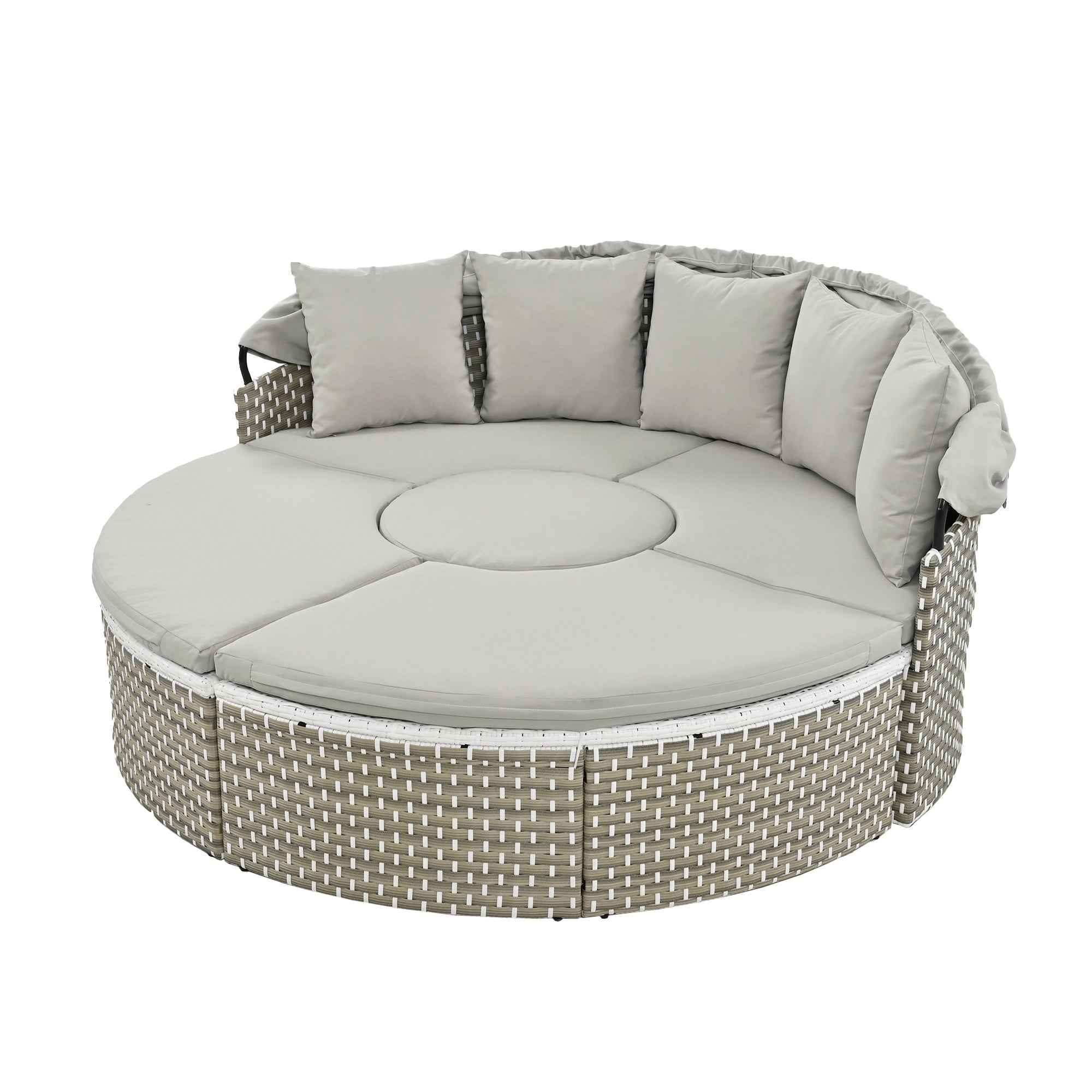 TOPMAX Patio Furniture Round Outdoor Sectional Sofa Set Rattan Daybed Two-Tone Weave Sunbed with Retractable Canopy, Separate Seating and Removable Cushion, Gray