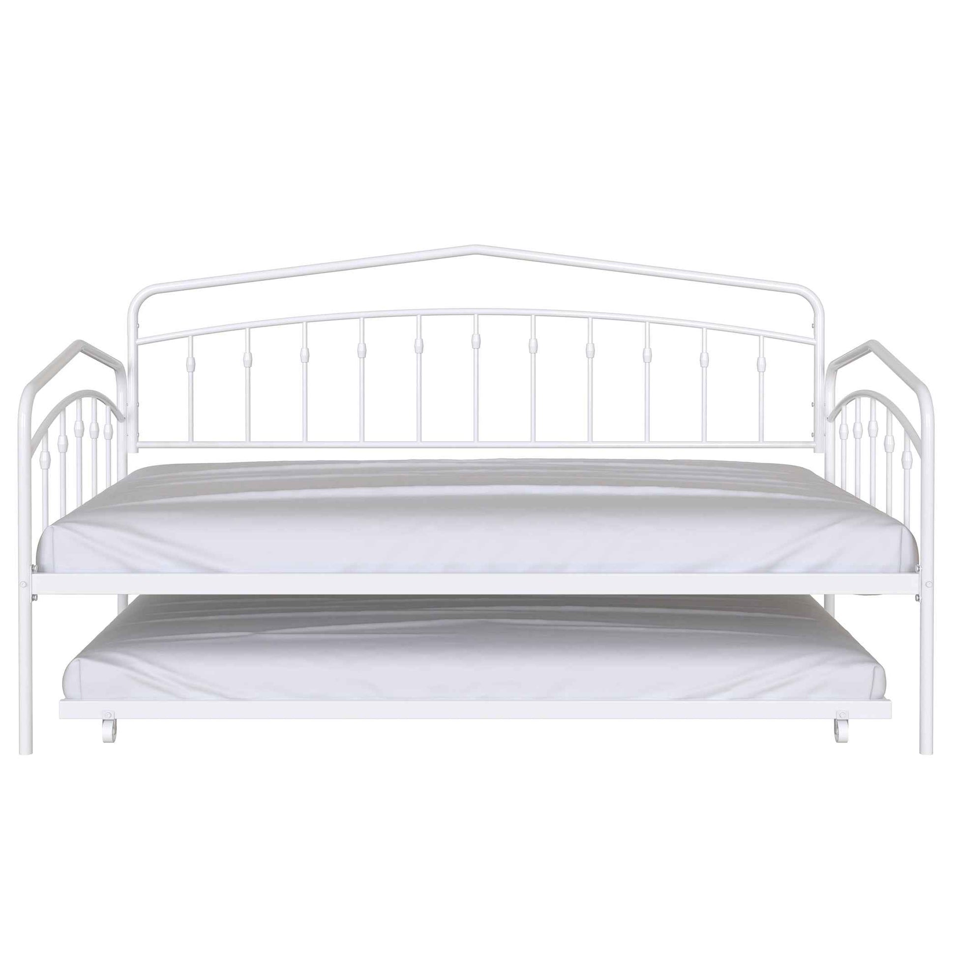 Fox Twin Metal Daybed with Trundle Bed Frame Set, Easy Assembly, Space Saving, Heavy Duty Metal Slat Support, Sofa Bed for Living Room, Bedroom, Guest Room, Kids Room, White