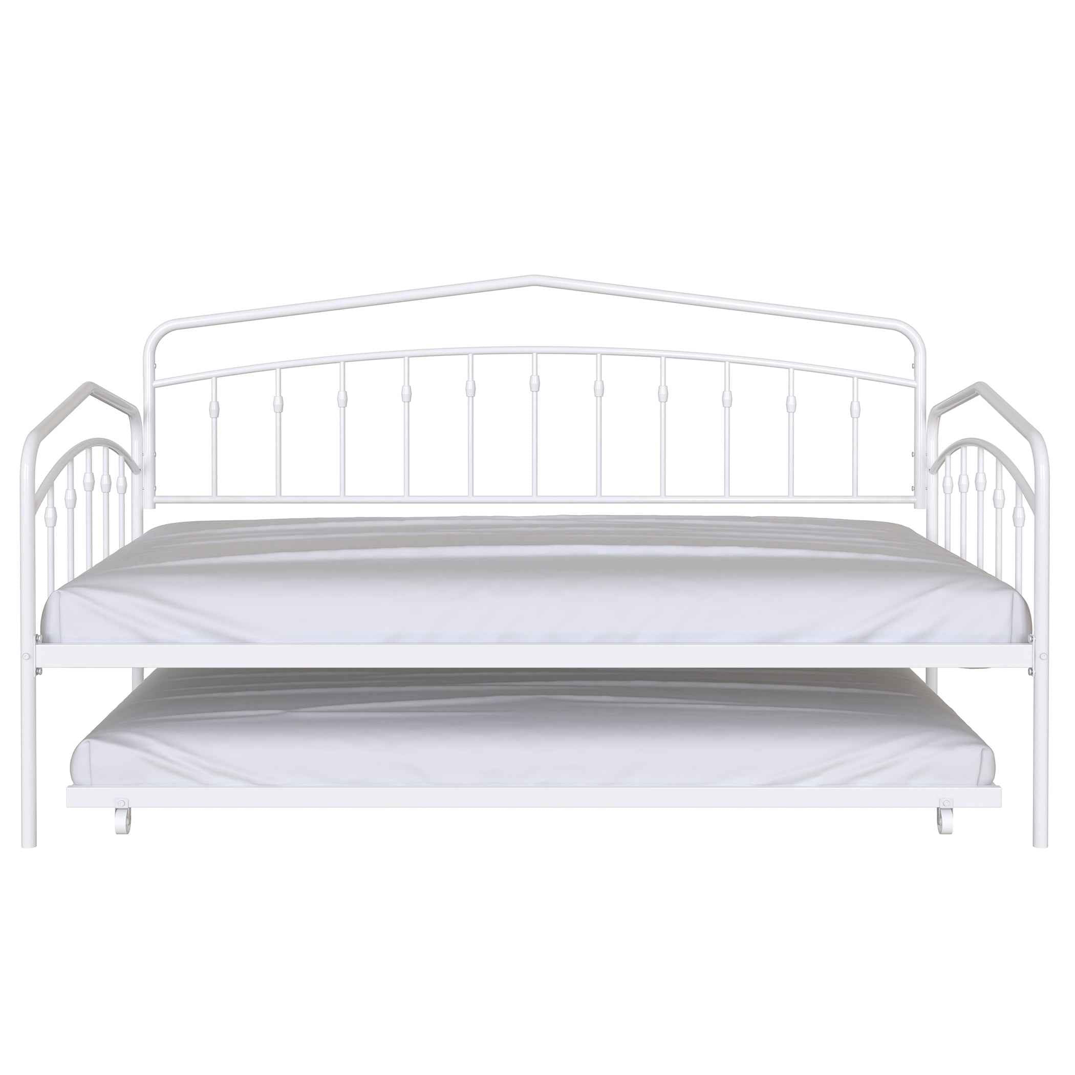 Fox Twin Metal Daybed with Trundle Bed Frame Set, Easy Assembly, Space Saving, Heavy Duty Metal Slat Support, Sofa Bed for Living Room, Bedroom, Guest Room, Kids Room, White