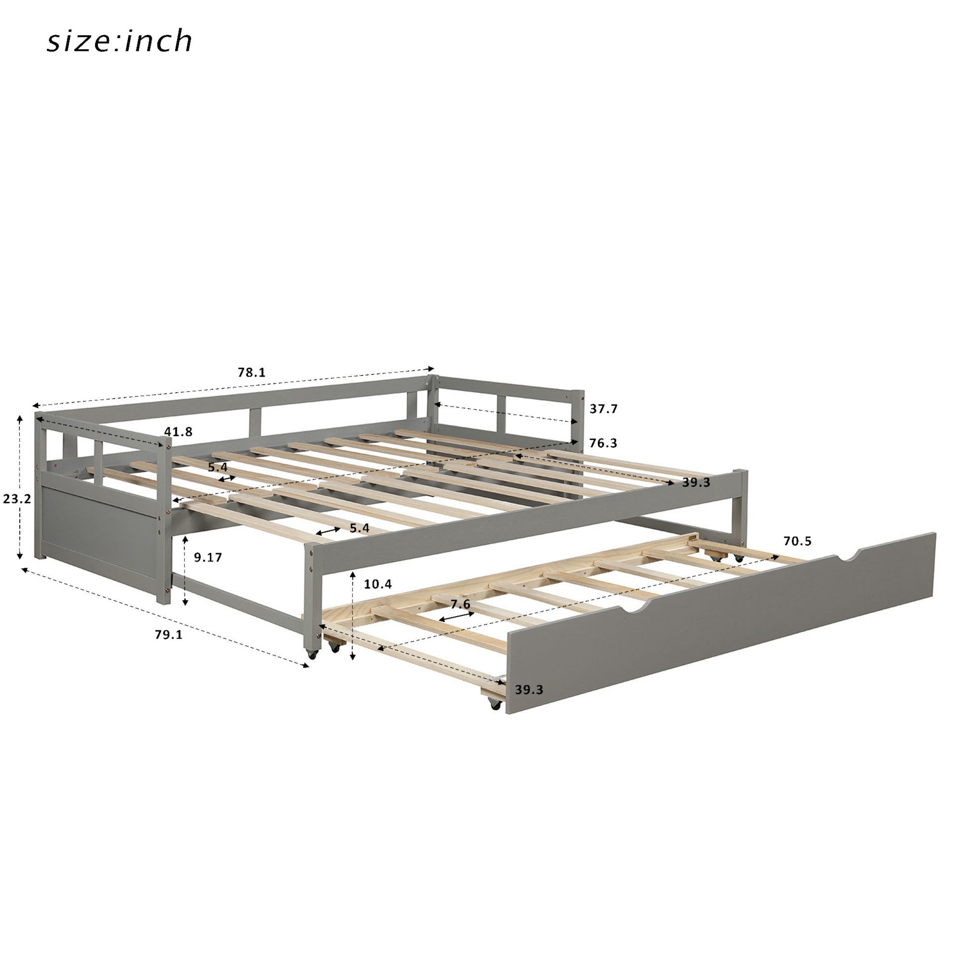 Extending Daybed with Trundle, Wooden Daybed with Trundle, Gray - Abrihome