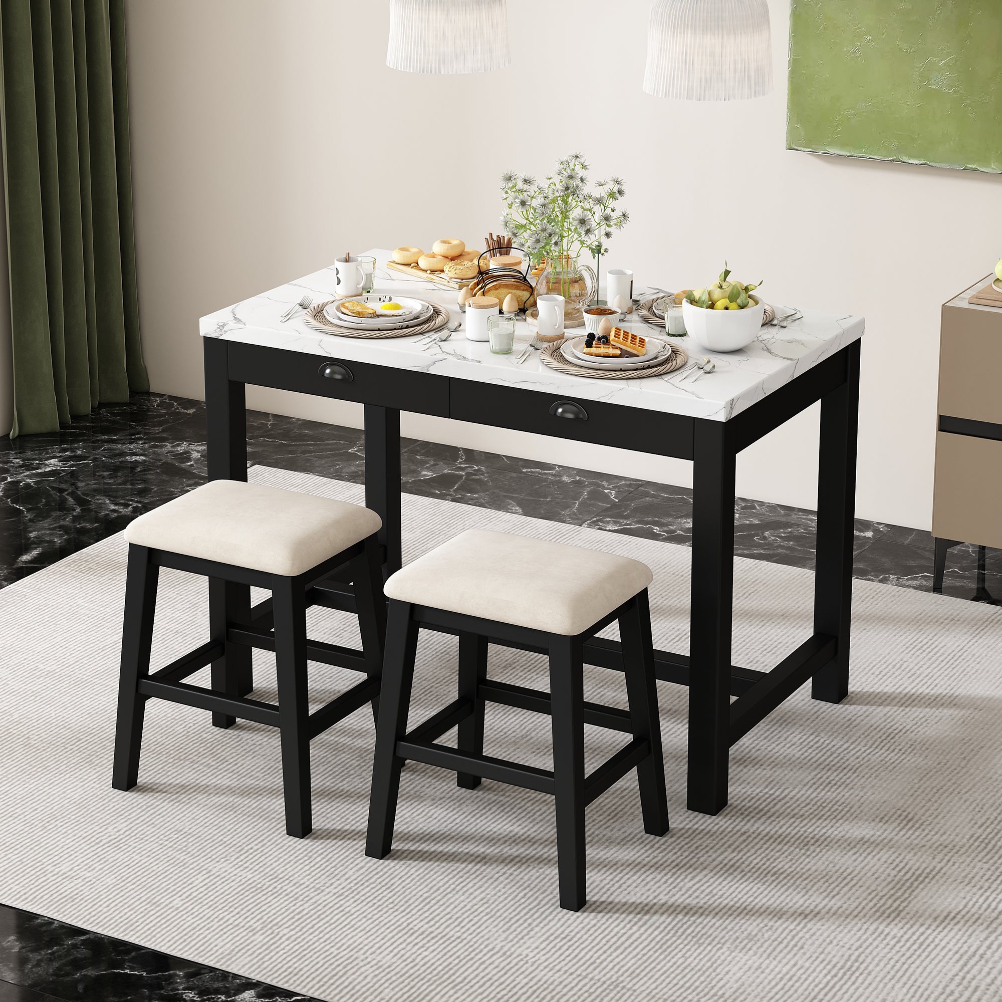 TREXM 3-Piece Modern Faux Marble Versatile Bar Table Set with Storage Drawers and Padded Stools, Ideal for Space-Saving Dining Nooks or Small Kitchens (Black)