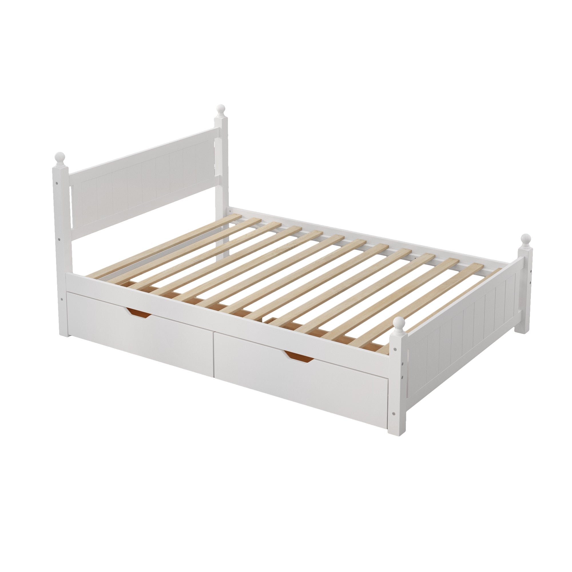 Full Size Solid Wood Platform Bed Frame with 2 drawers for Limited Space Kids, Teens, Adults, No Need Box Spring, White