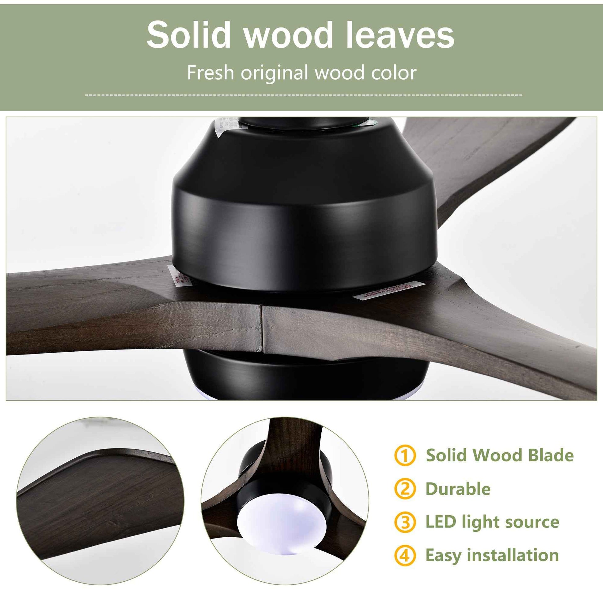 52' Ceiling Fan with Lights Remote Control,Quiet DC Motor 3 Blade Ceiling Fans 6 Speed Levels,Reversible Ceiling Fan, for Patio Living Room, Bedroom, Office,Indoor.(Matte Black +Black Walnut )