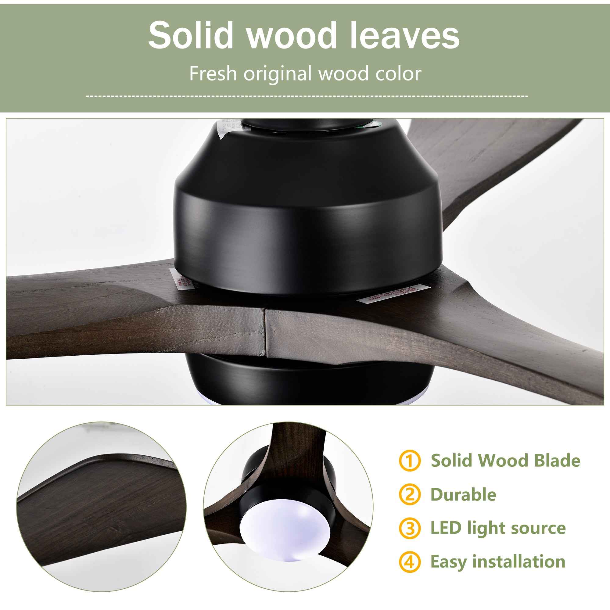 52' Ceiling Fan with Lights Remote Control,Quiet DC Motor 3 Blade Ceiling Fans 6 Speed Levels,Reversible Ceiling Fan, for Patio Living Room, Bedroom, Office,Indoor.(Matte Black +Black Walnut )