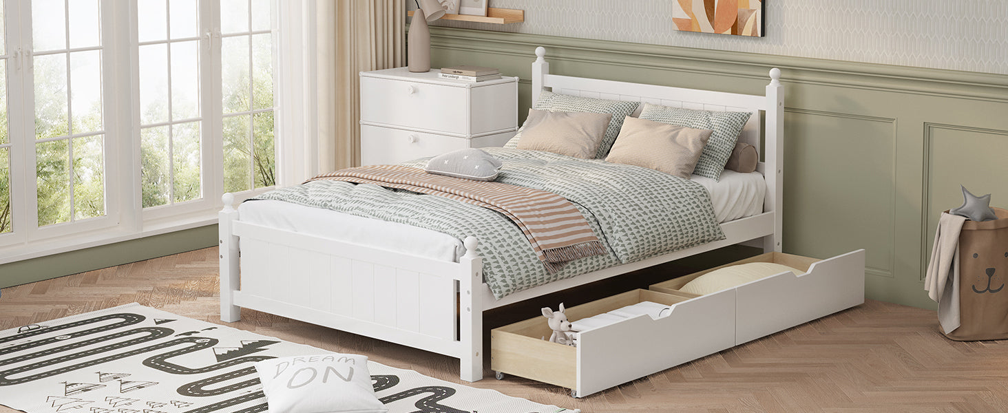 Full Size Solid Wood Platform Bed Frame with 2 drawers for Limited Space Kids, Teens, Adults, No Need Box Spring, White