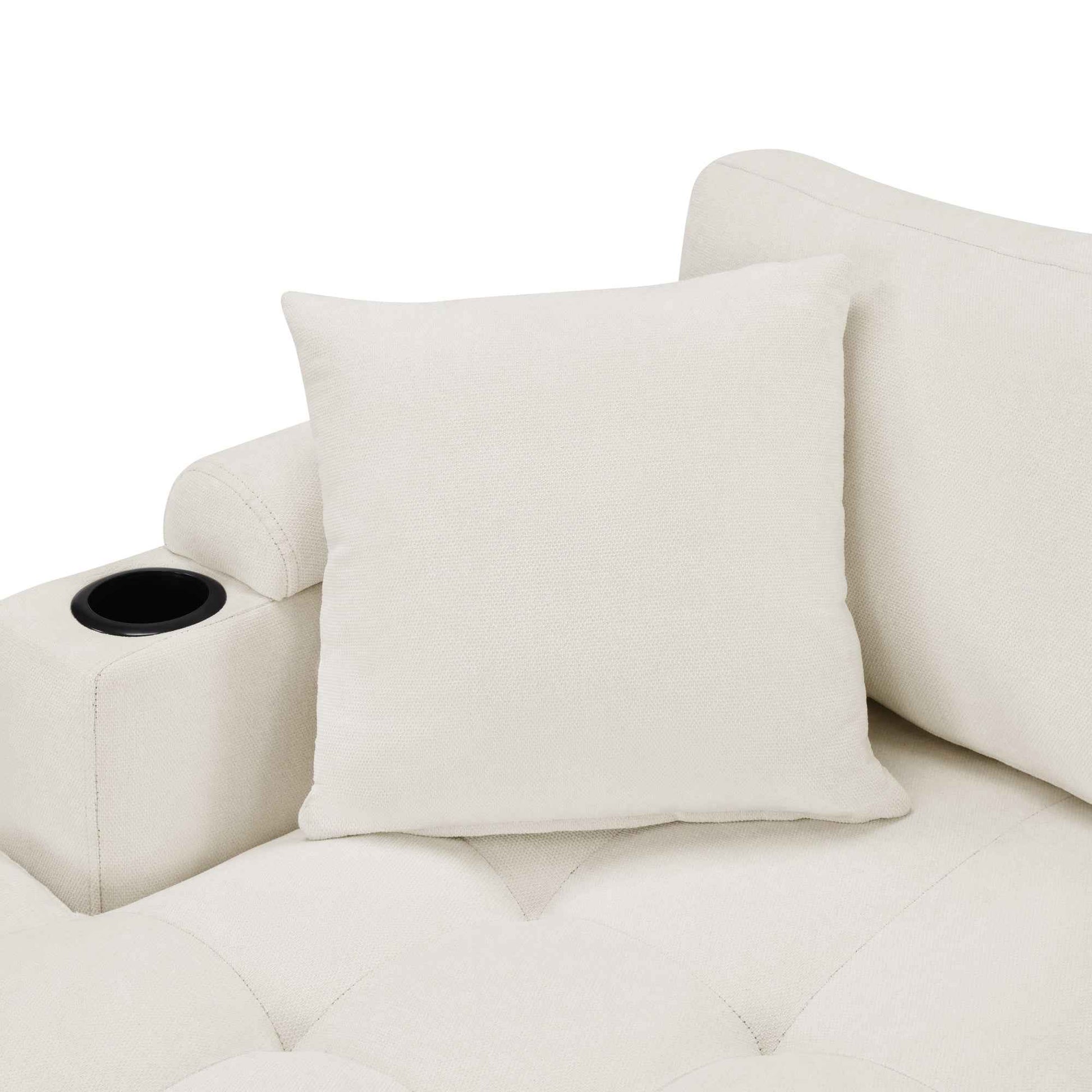 Modern U-shaped Sectional Sofa 115.7' with Built-in Cup Holders, Storage, USB Ports in Beige Chenille Fabric