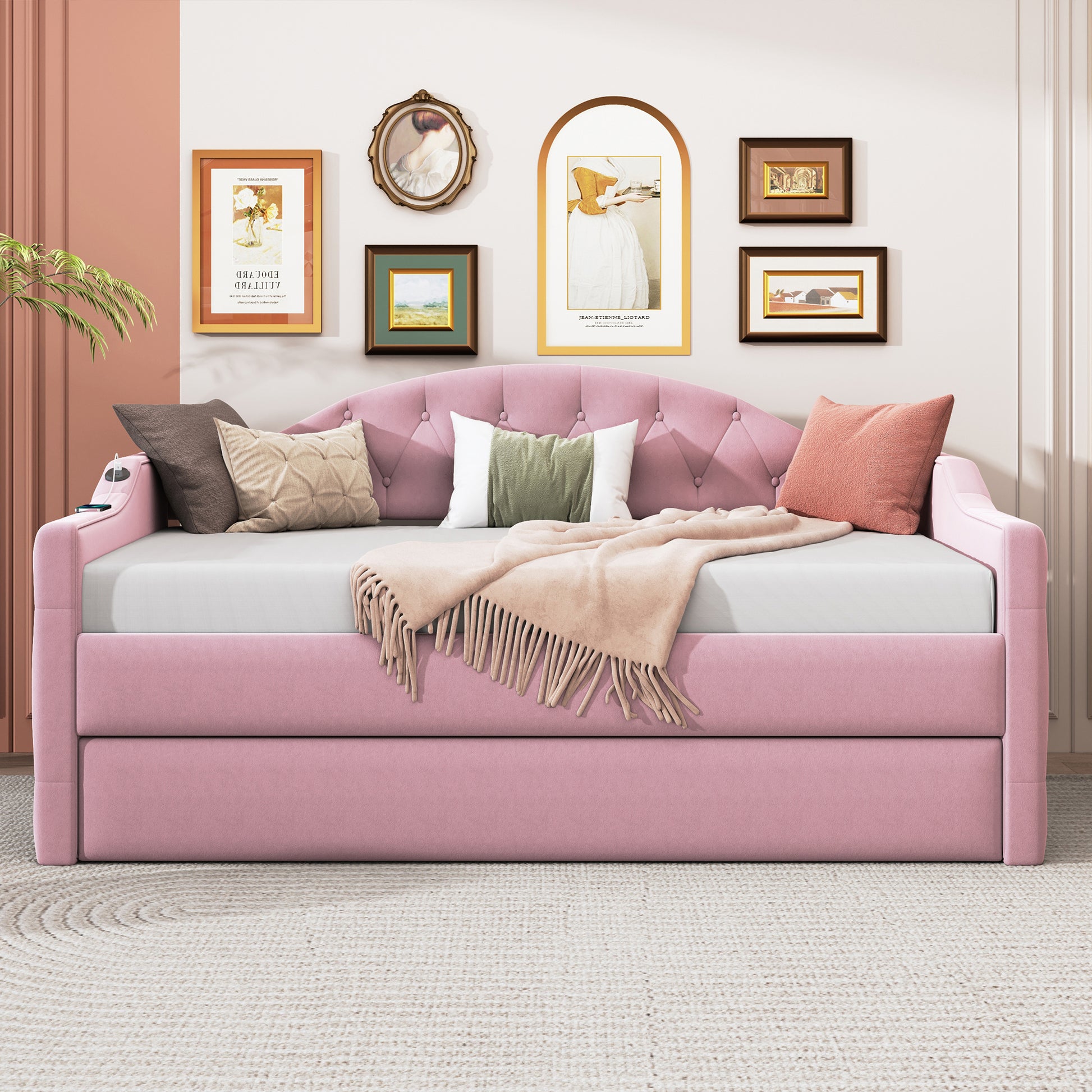 Twin Size Tufted Upholstered Daybed with Trundle ,Velvet Sofabed with USB&Type-C Charging Ports,No Box-spring Needed, Pink - Abrihome
