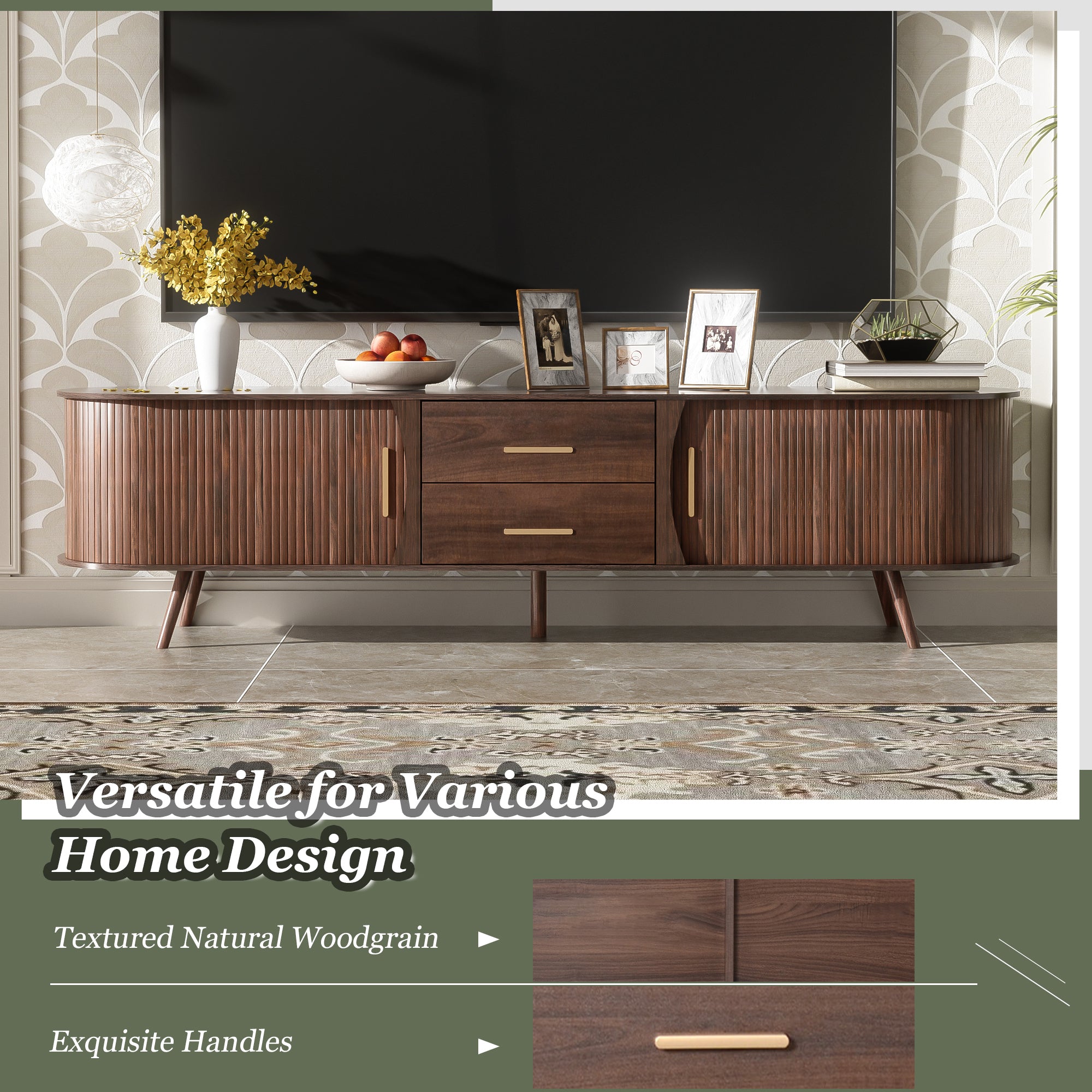 Mid-Century Modern TV Stand for 80' TV, Entertainment Center with Storage for Living Room, Bedroom, Media Console Table with 2 Drawers - Abrihome