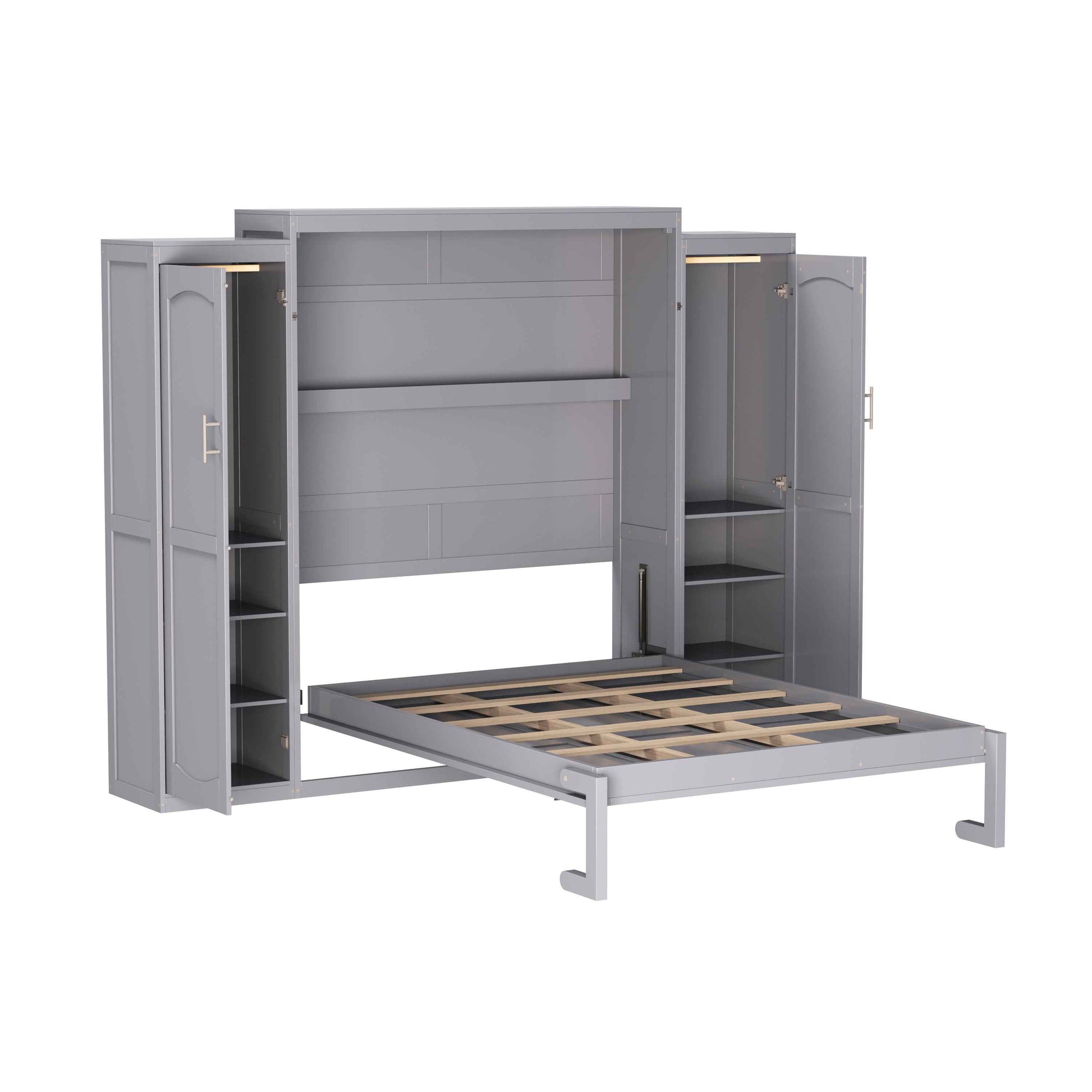Full Size Murphy Bed, Wooden Full Wall Bed with 2 Wardrobe and Storage Shelf, Multifunctional Foldable Platform Bedframe for Guest-Room, Bedroom, Gray