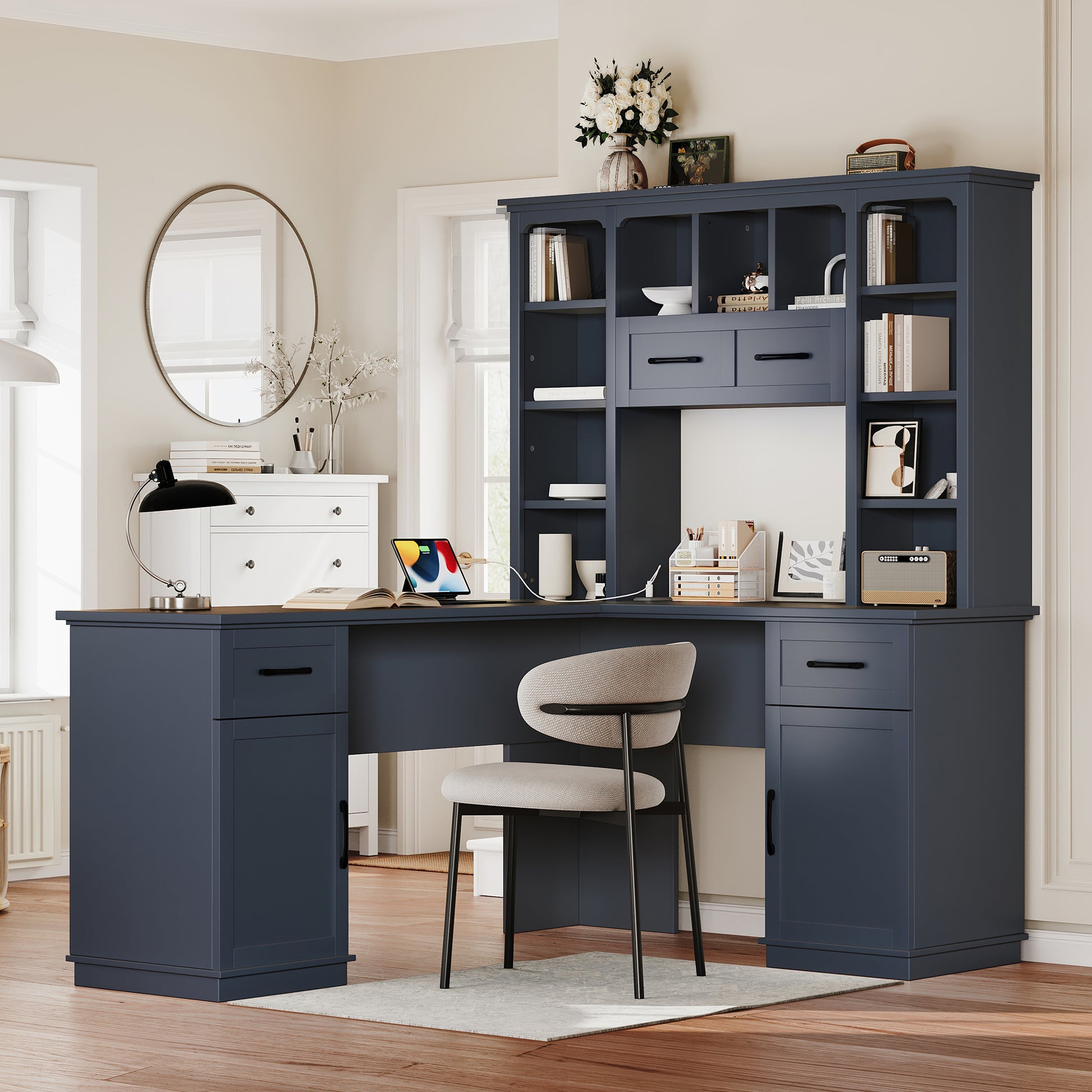 L-Shaped Computer Desk with 2 Cabinets and 2 Drawers, 11 Open Shelves, with Power Outlet, for Study, Living Room and Office, Antique Blue - Abrihome
