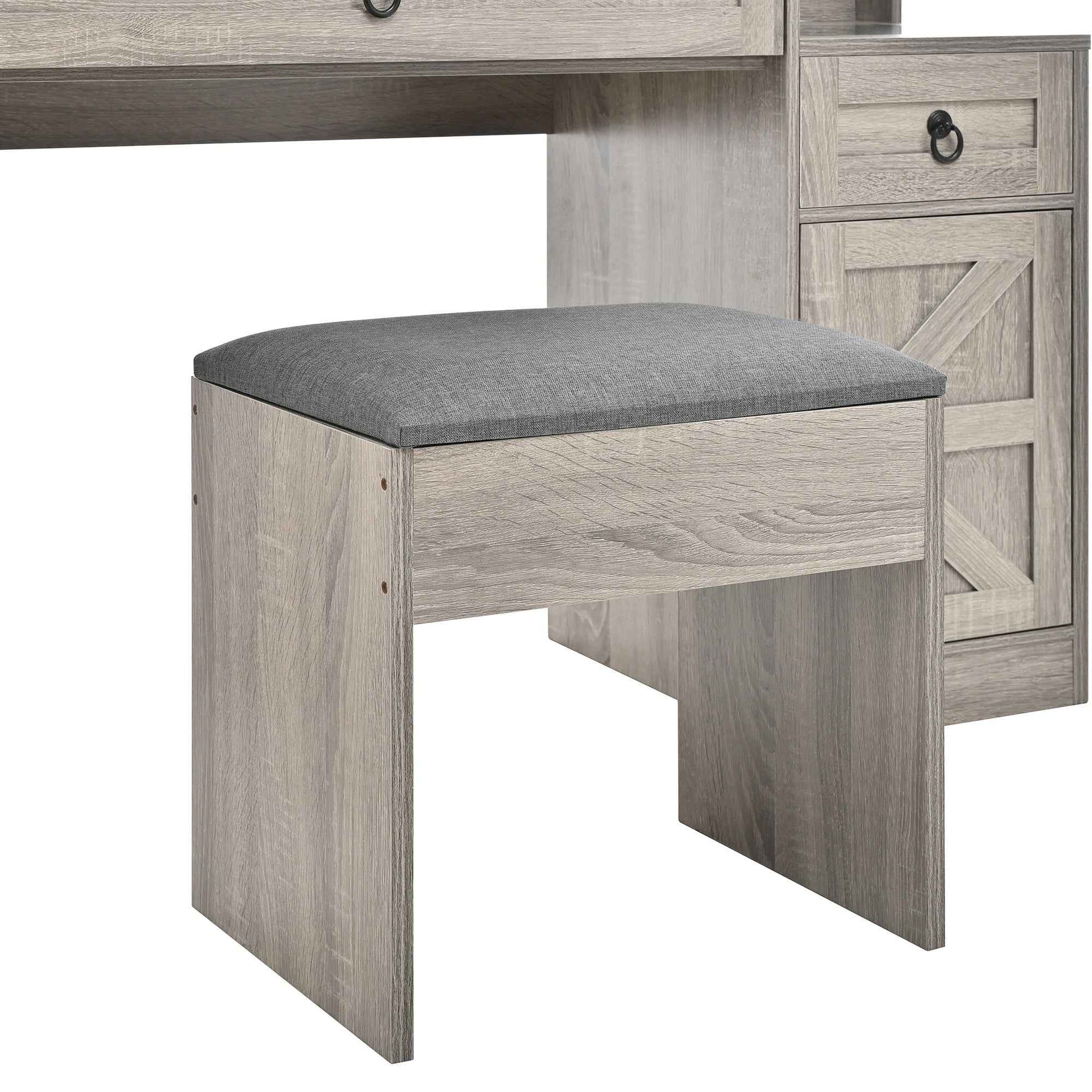 Farmhouse Vanity Desk with Sliding Mirror and Lights, Vanity Set with Glass Top and Charging Station ,Dressing Table with 4 Drawers and 2 Cabinets, Dressing Table with Stool for Bedroom, Gray