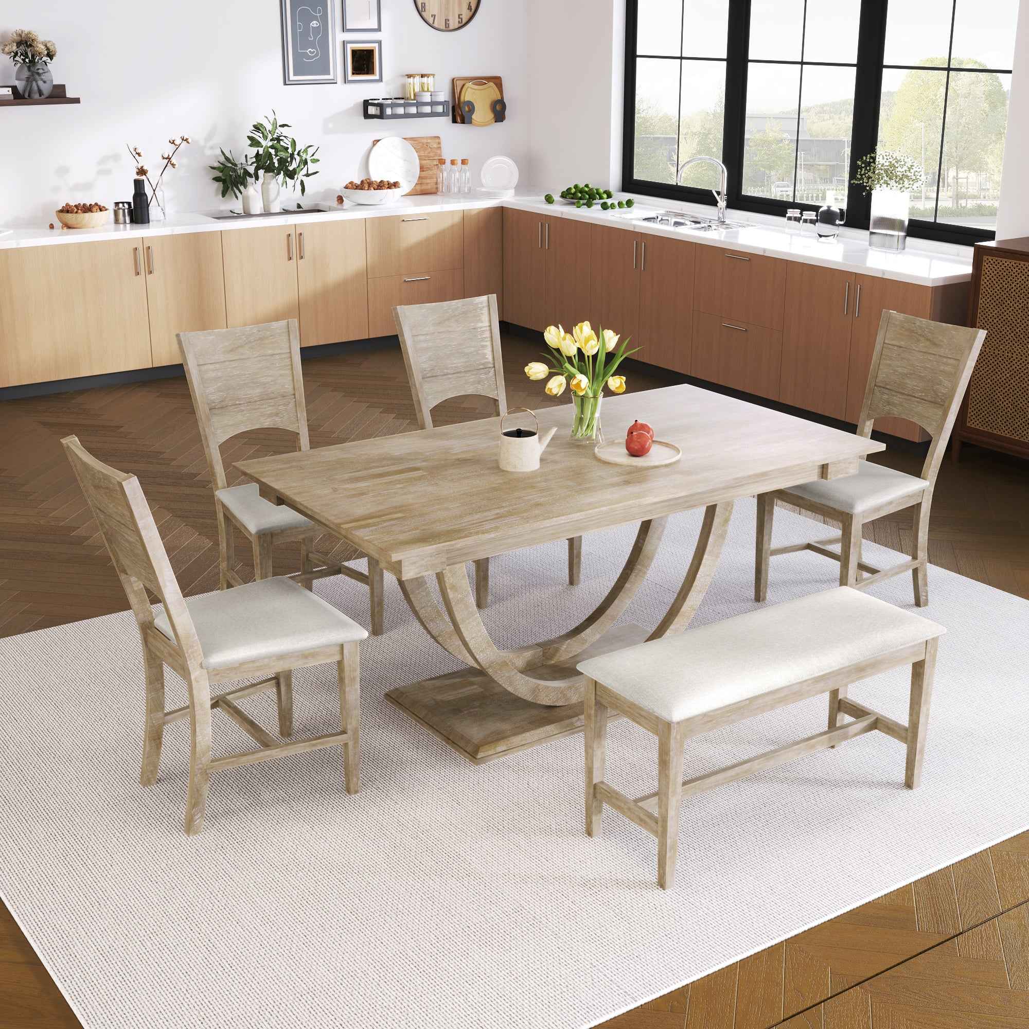 TOPMAX Modern Style Natural Wood 6-Piece Dining Table Set with Bench and Chairs, Upholstered Seats, Rubberwood Frame