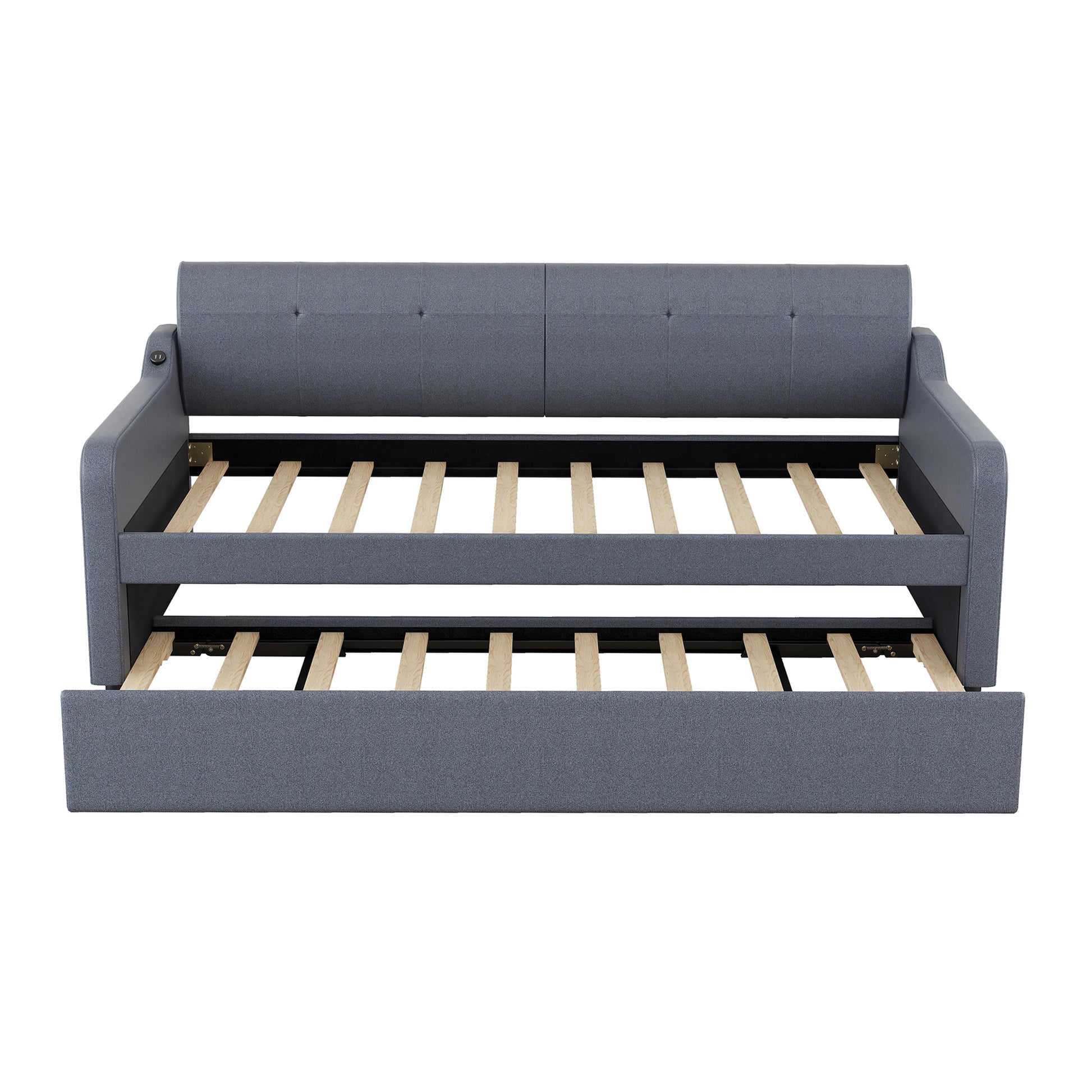 Twin Size Upholstery DayBed with Trundle and USB Charging Design,Trundle can be flat or erected,Gray - Abrihome