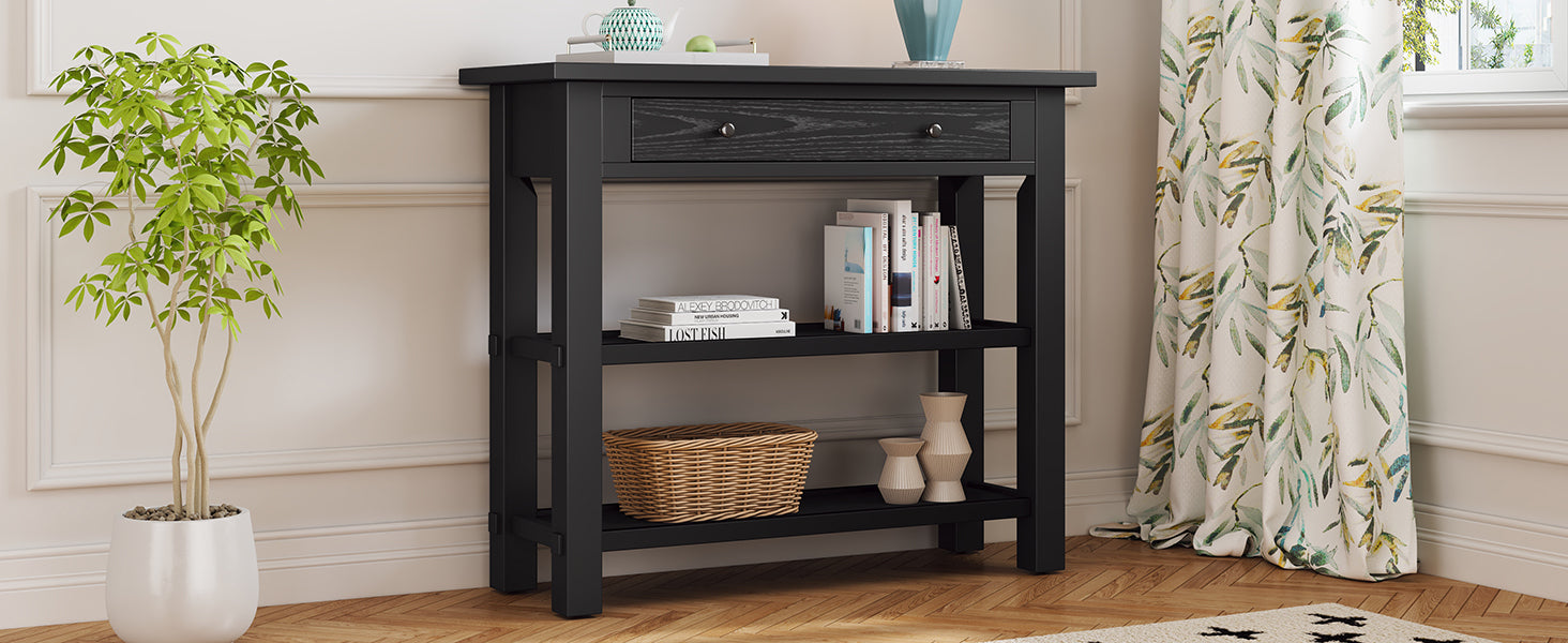 TREXM Retro Console Table with Drawer and Two Sturdy Shelves for Entryway, Living Room (Black)