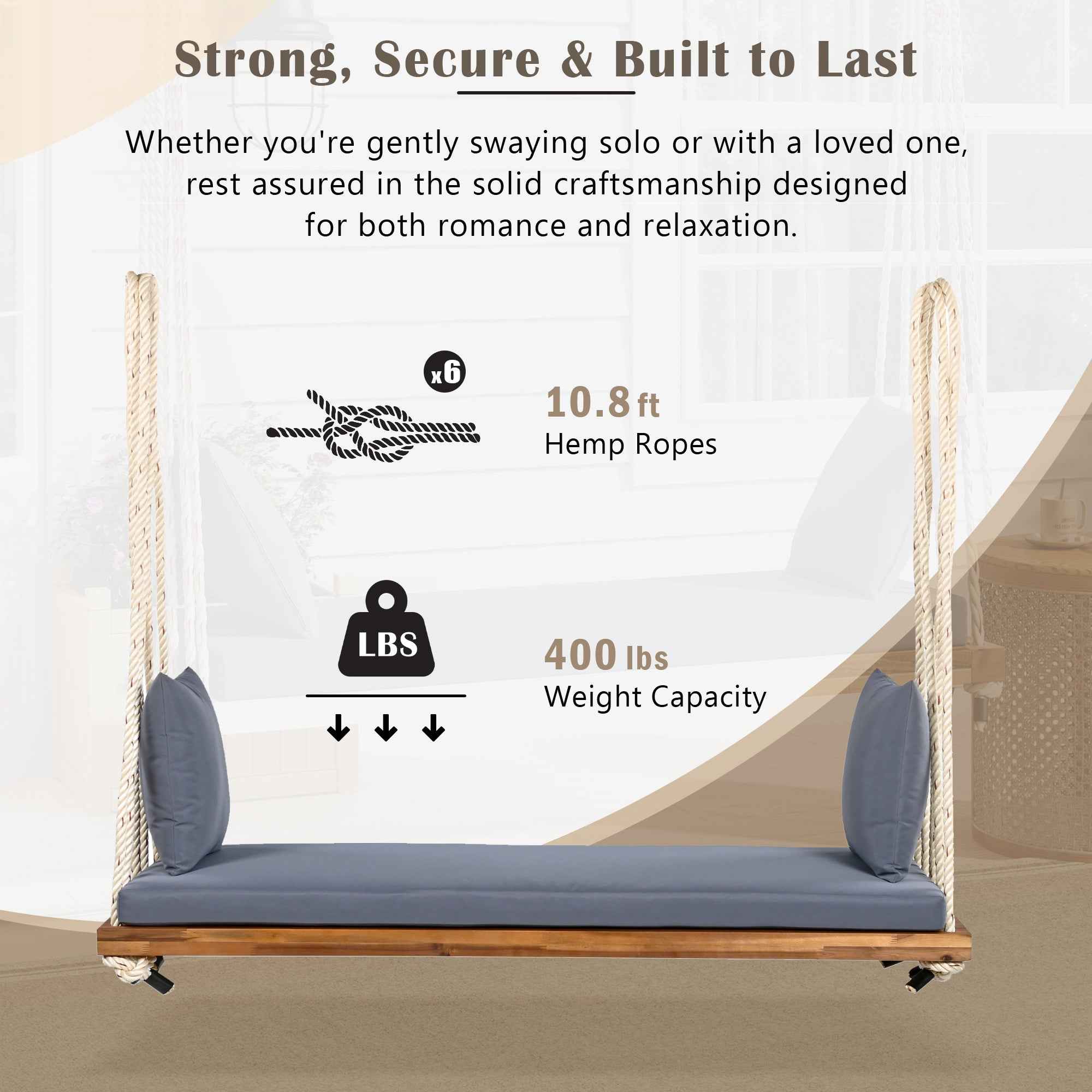 TOPMAX Patio Wooden Swing Chair, Hanging Porch Swing Bench with Cushion&Pillows, 10.8Ft Hemp Ropes for Garden,Backyard, Lawn,Natural