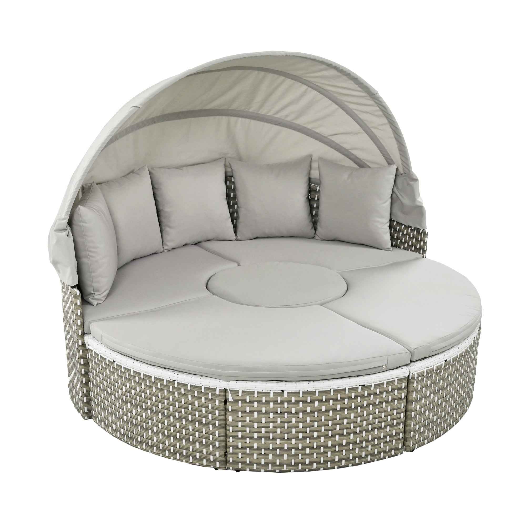 TOPMAX Patio Furniture Round Outdoor Sectional Sofa Set Rattan Daybed Two-Tone Weave Sunbed with Retractable Canopy, Separate Seating and Removable Cushion, Gray