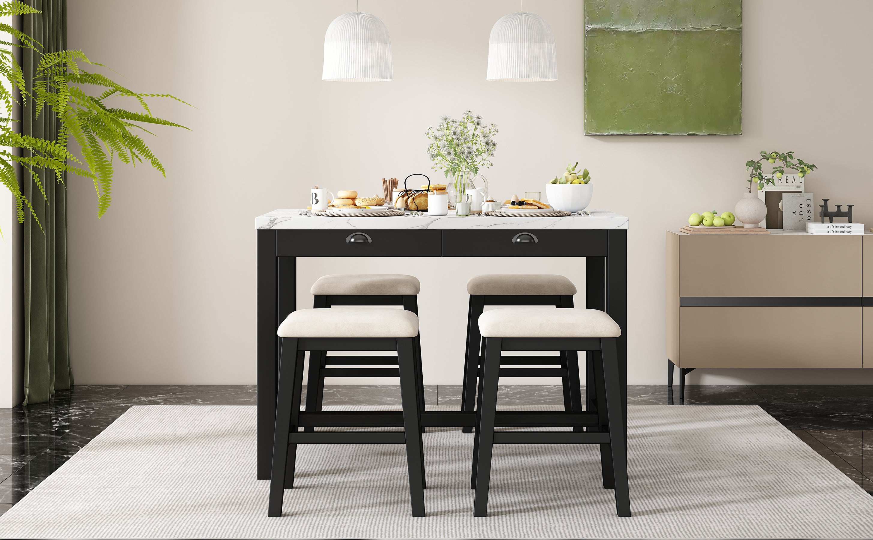 TREXM 3-Piece Modern Faux Marble Versatile Bar Table Set with Storage Drawers and Padded Stools, Ideal for Space-Saving Dining Nooks or Small Kitchens (Black)