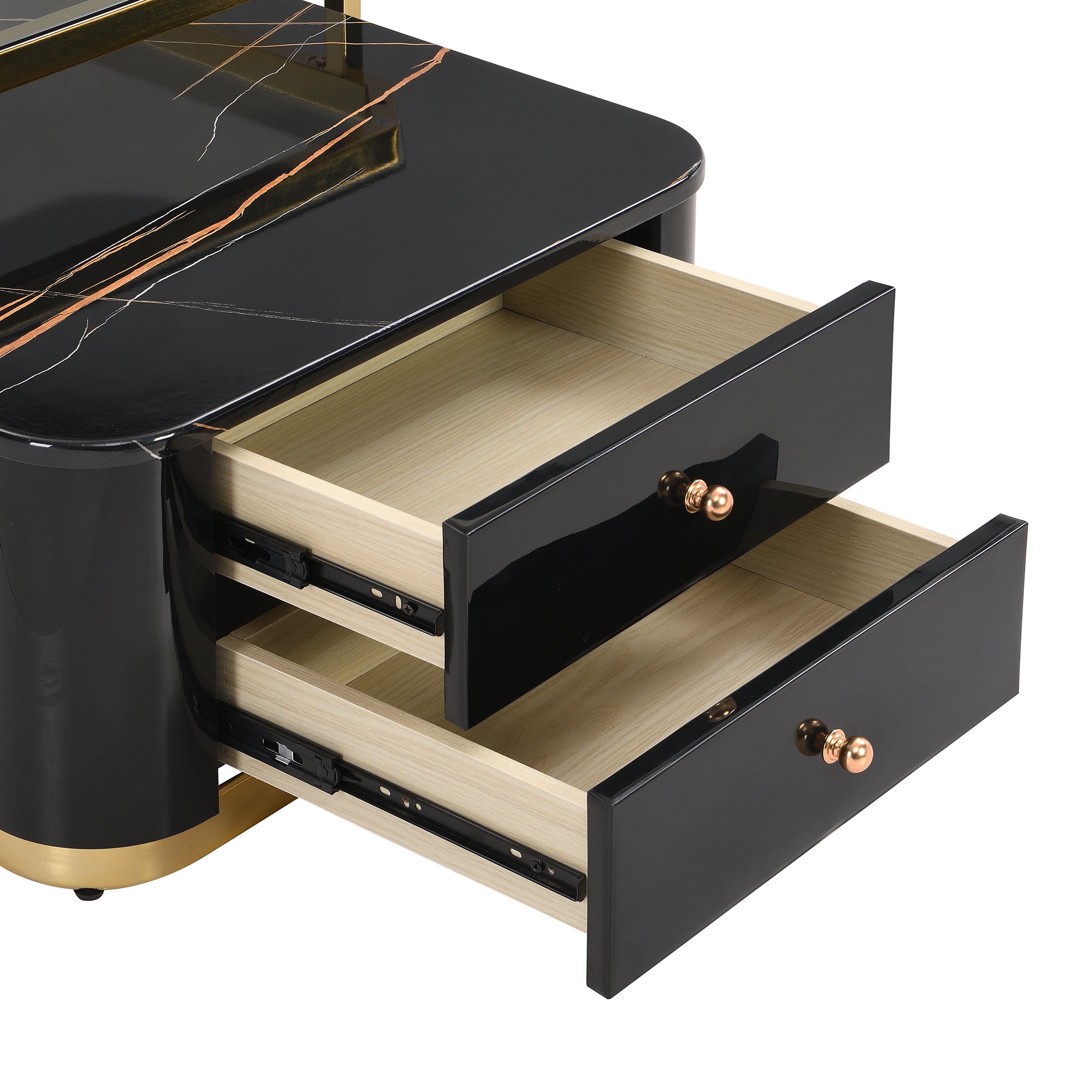 Modern 2 Pieces Black  Square Nesting  Coffee Table with Drawers & Electroplated gold legs in 27.6''