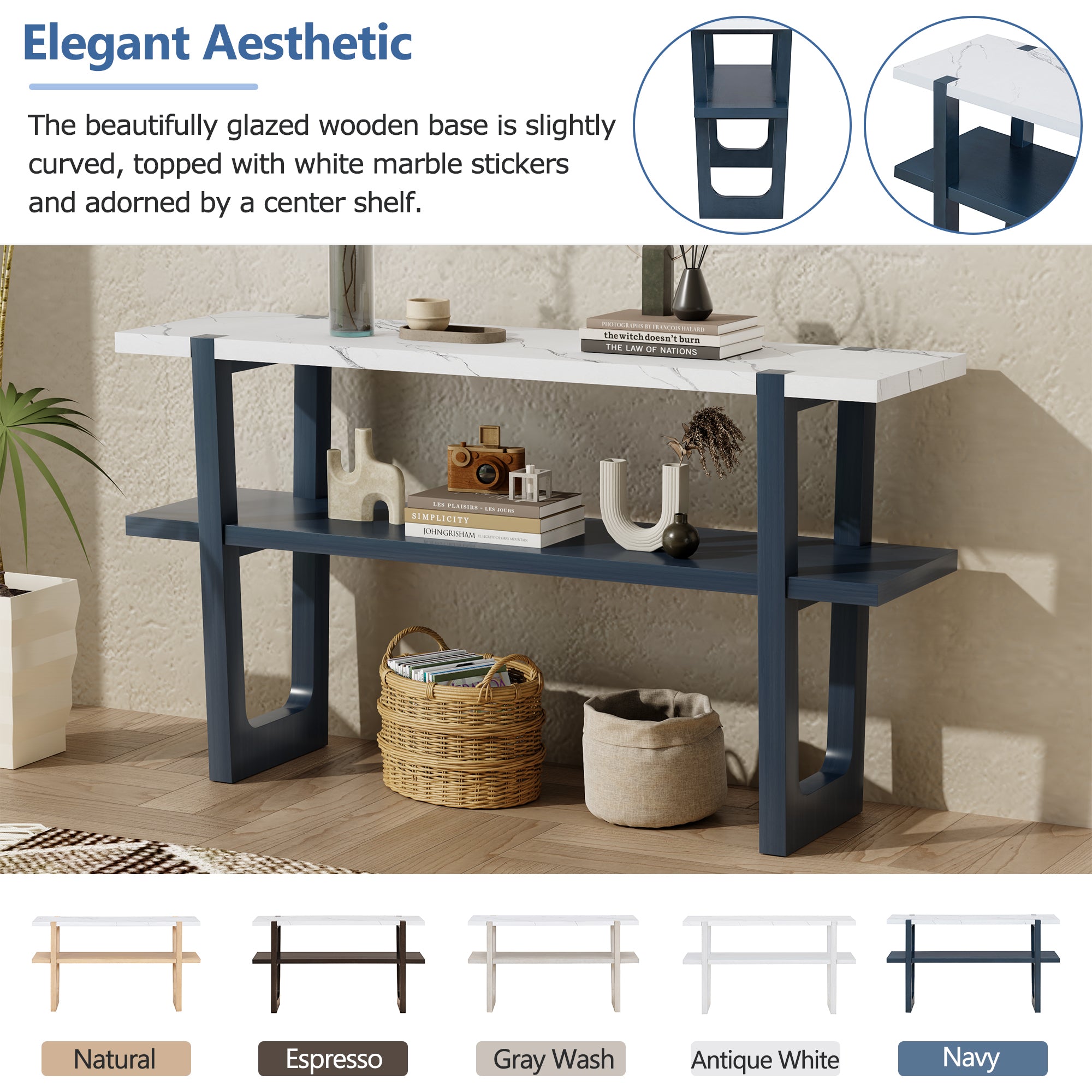 TREXM Retro Elegant Console Table with Marble-Effect Top and Versatile Storage Solutions for Entryway and Living Room (Navy)