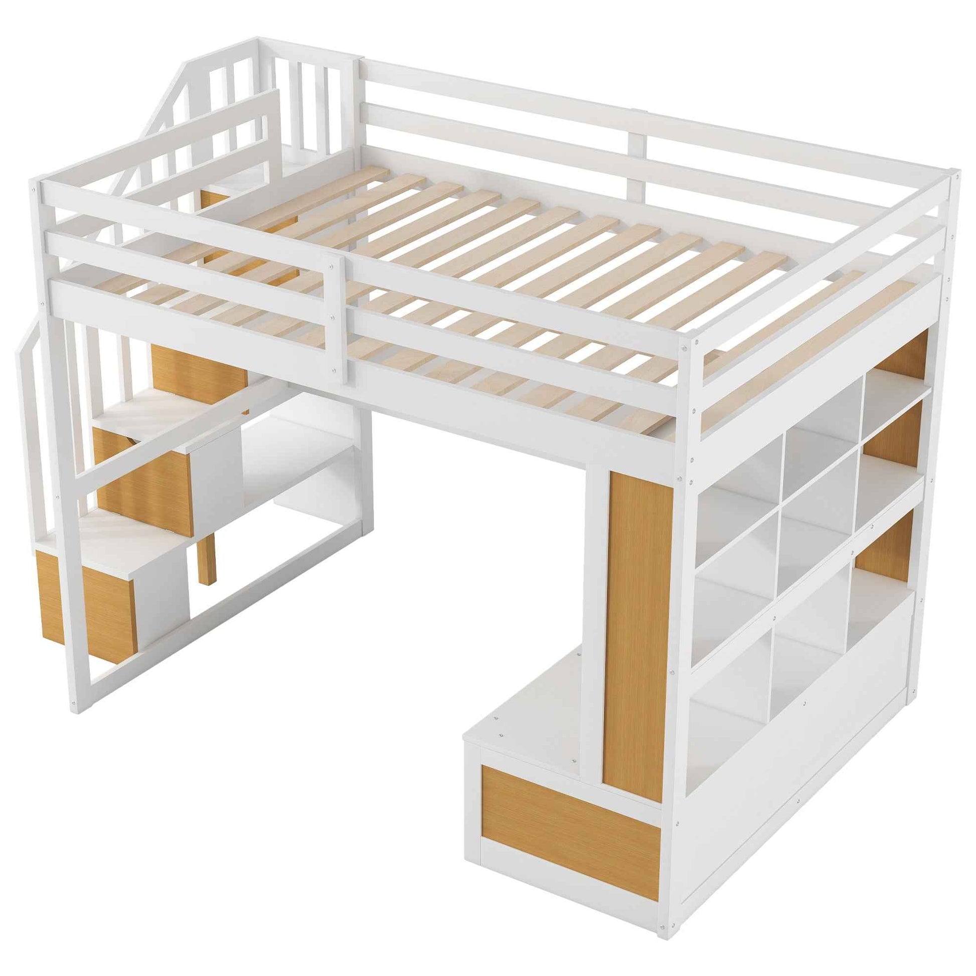 Full Size Loft Bed with Desk and Shelves, Two Built-in Drawers, Storage Staircase in White and Natural Finish, Solid Pine Wood and MDF Construction
