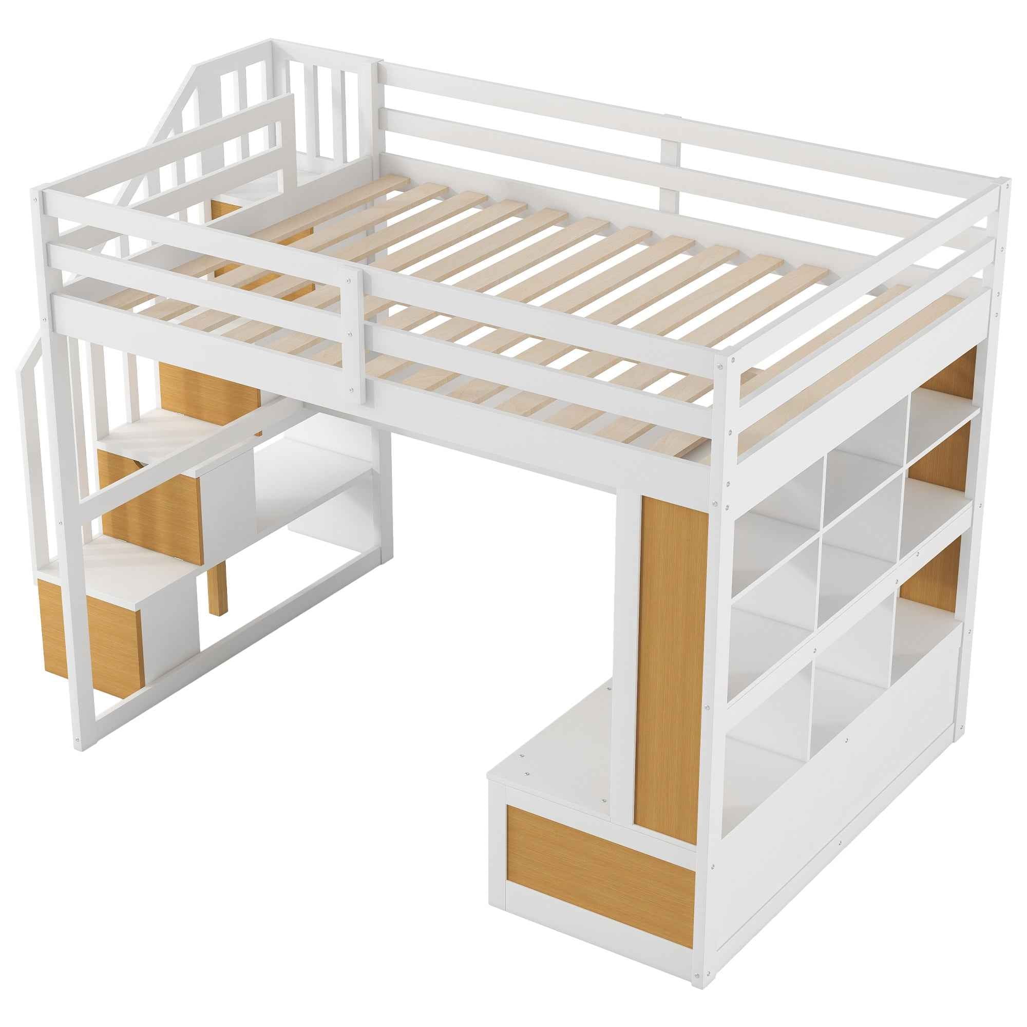 Full Size Loft Bed with Desk and Shelves, Two Built-in Drawers, Storage Staircase in White and Natural Finish, Solid Pine Wood and MDF Construction