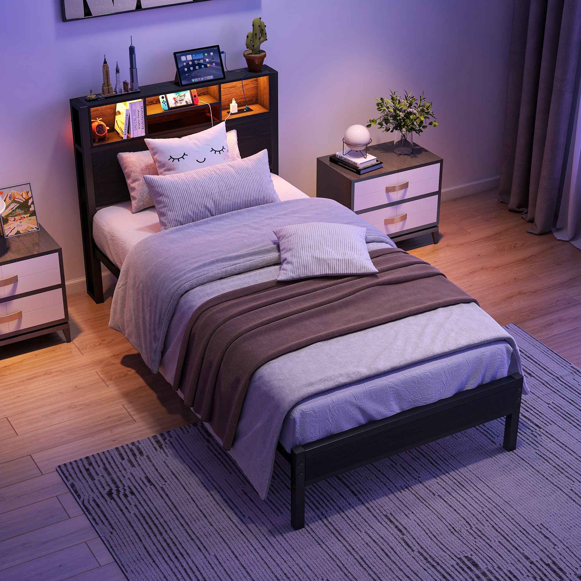 Twin Size Bed Frame with Storage Headboard, Metal Platform Bed with Charging Station, Bookcase Storage, Easy Assembly