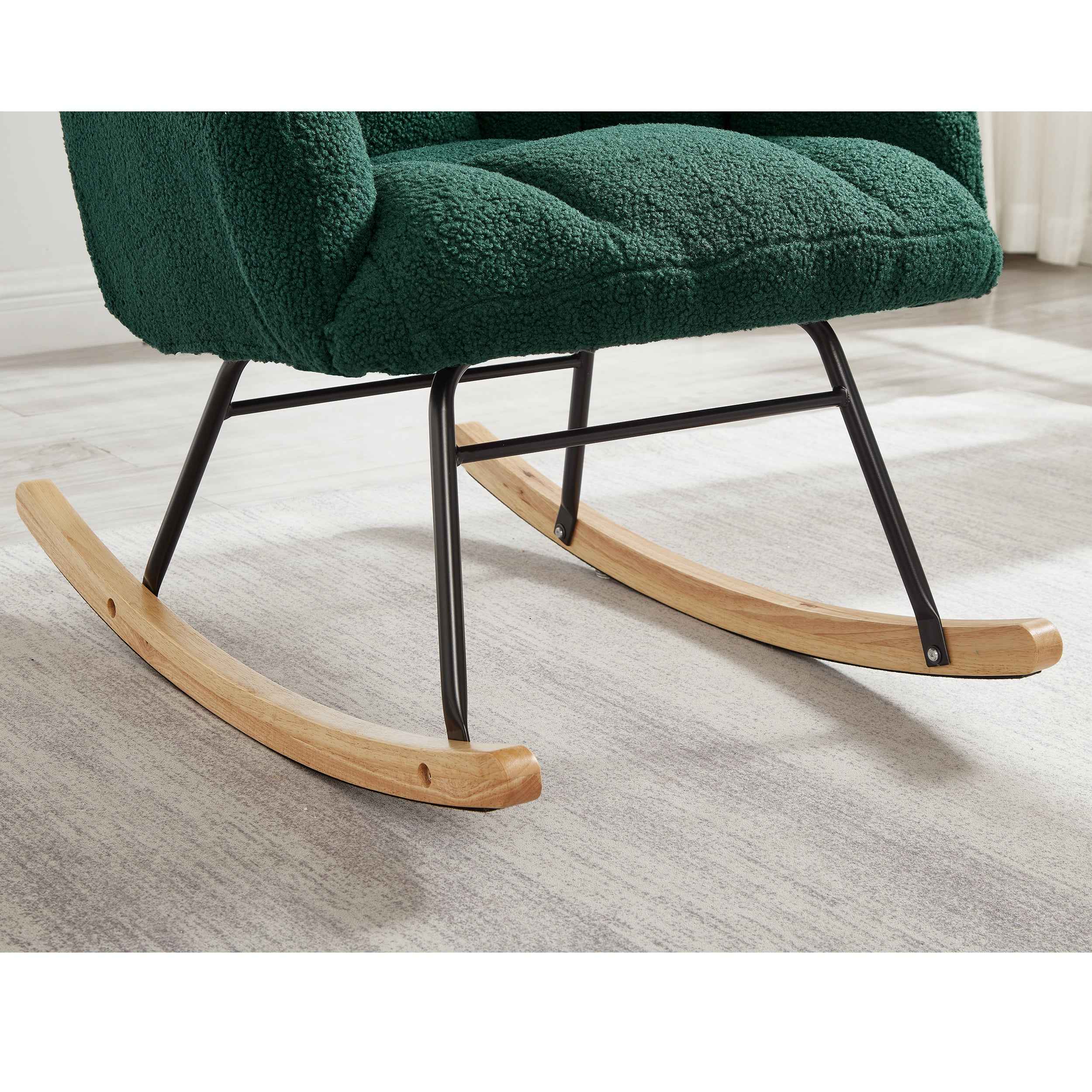 Glider Chair for Living Room Tufted Upholstered Teddy Fabric Rocking Chair with Metal Frame Accent Chair Green