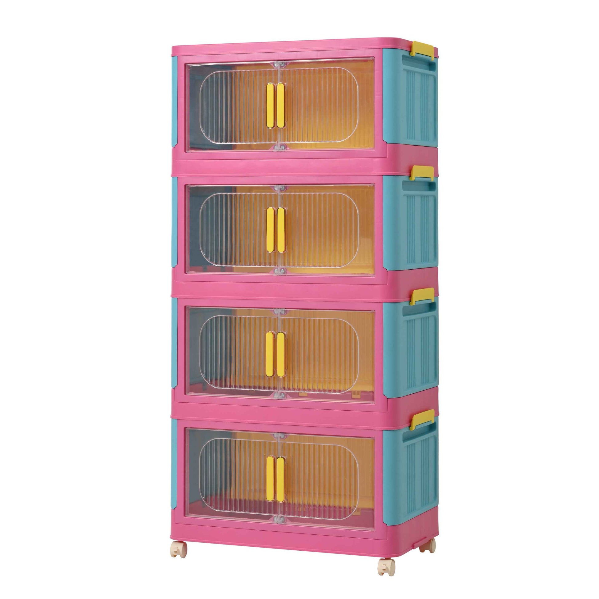Happy Color, 20' Side Wide Folding Storage Cabinet ,4 Tiers,19.69'×11.81'×40.55',Collapsible Storage Bins with Magnetic Door, Plastic Storage Cabinet with Wheels